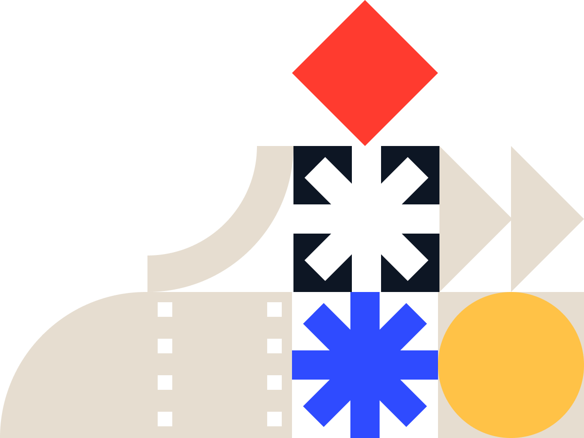 Abstract colorful geometric design with shapes including a red diamond, blue starburst, yellow circle, black squares, and curved and triangular elements.