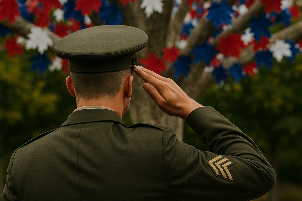 A military soldier saluting in front of a tree decorated with red, white, and blue bunting.