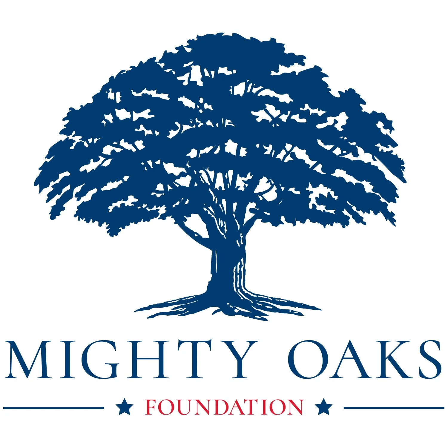 Logo of Mighty Oaks Foundation featuring a large blue oak tree with the words 'Mighty Oaks' in blue beneath and 'Foundation' in red.