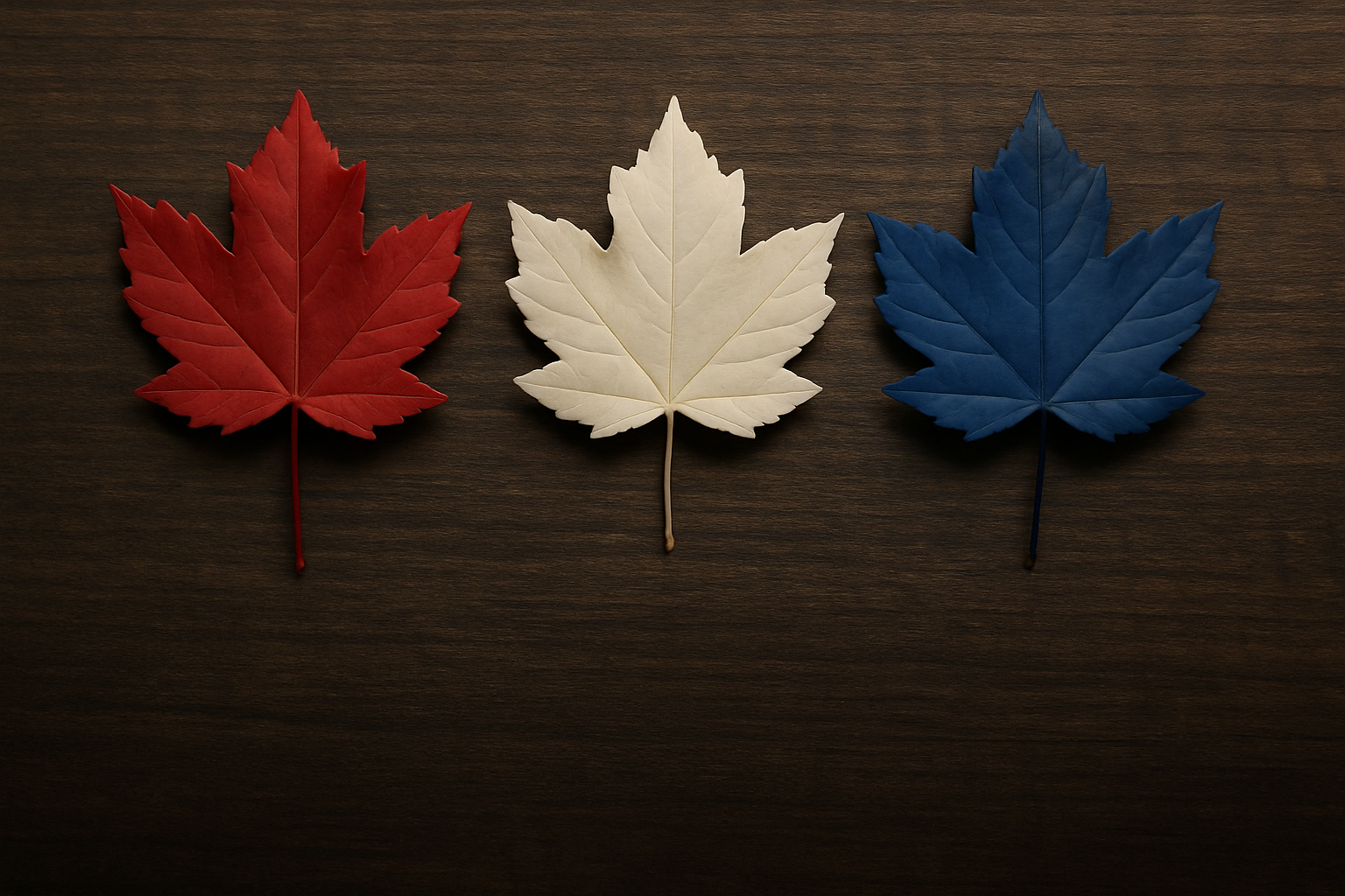Three maple leaves painted red, white, and blue, arranged in a row on a wooden surface.