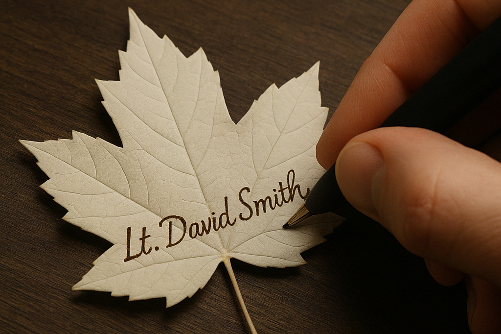 A person writes 'Lt. David Smith' on a white maple leaf with a black pen, on a dark wooden surface.