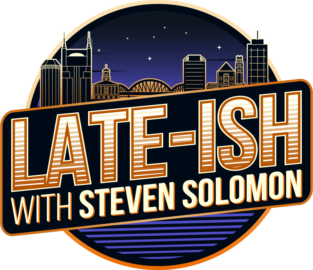 Logo for the show 'Late-Ish with Steven Solomon' featuring a stylized city skyline at night with stars, and a circular design with text in bold, retro font.