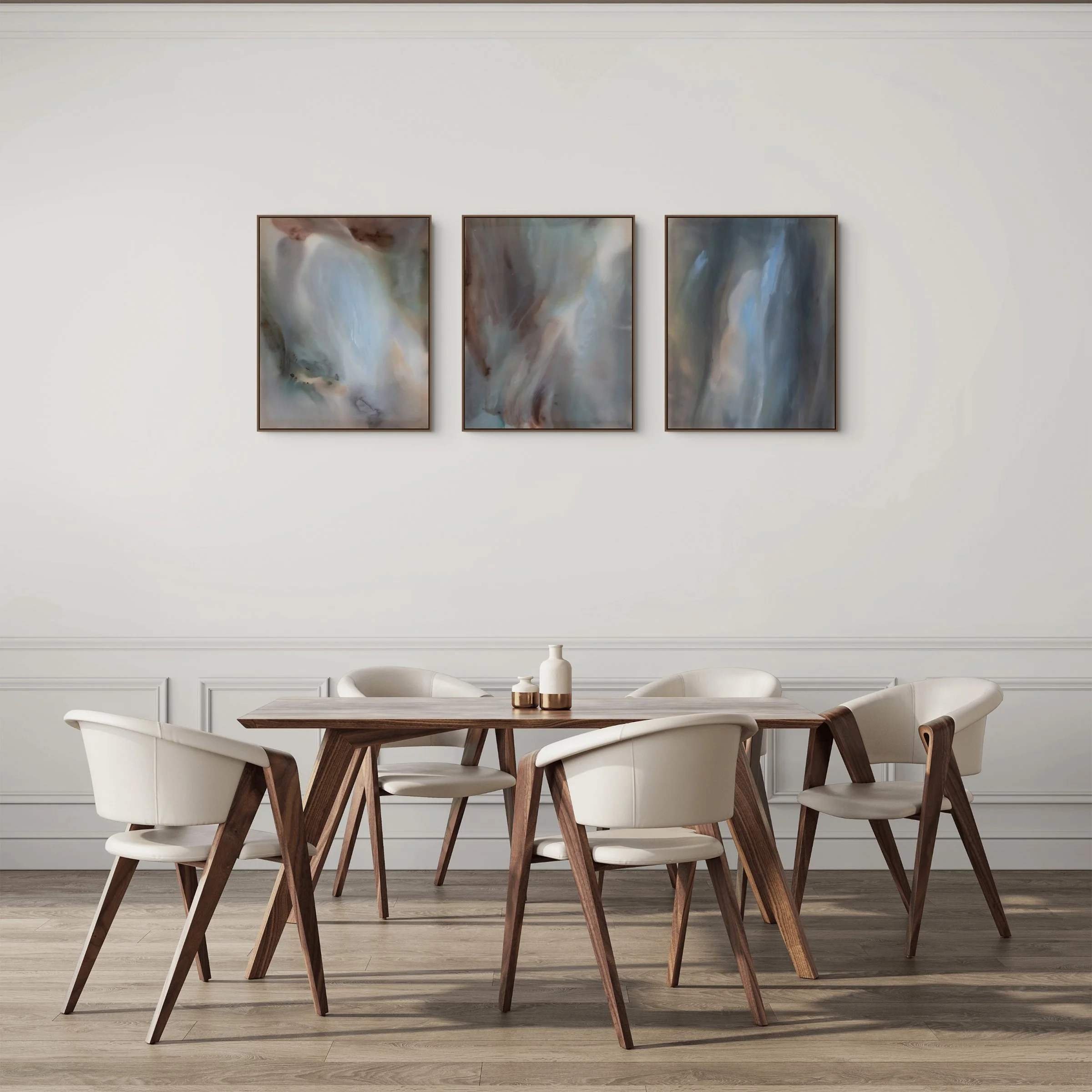 Settle I, Settle II and Settle III by Katerina Gordeeva displayed together on a wall in a contemporary interior.