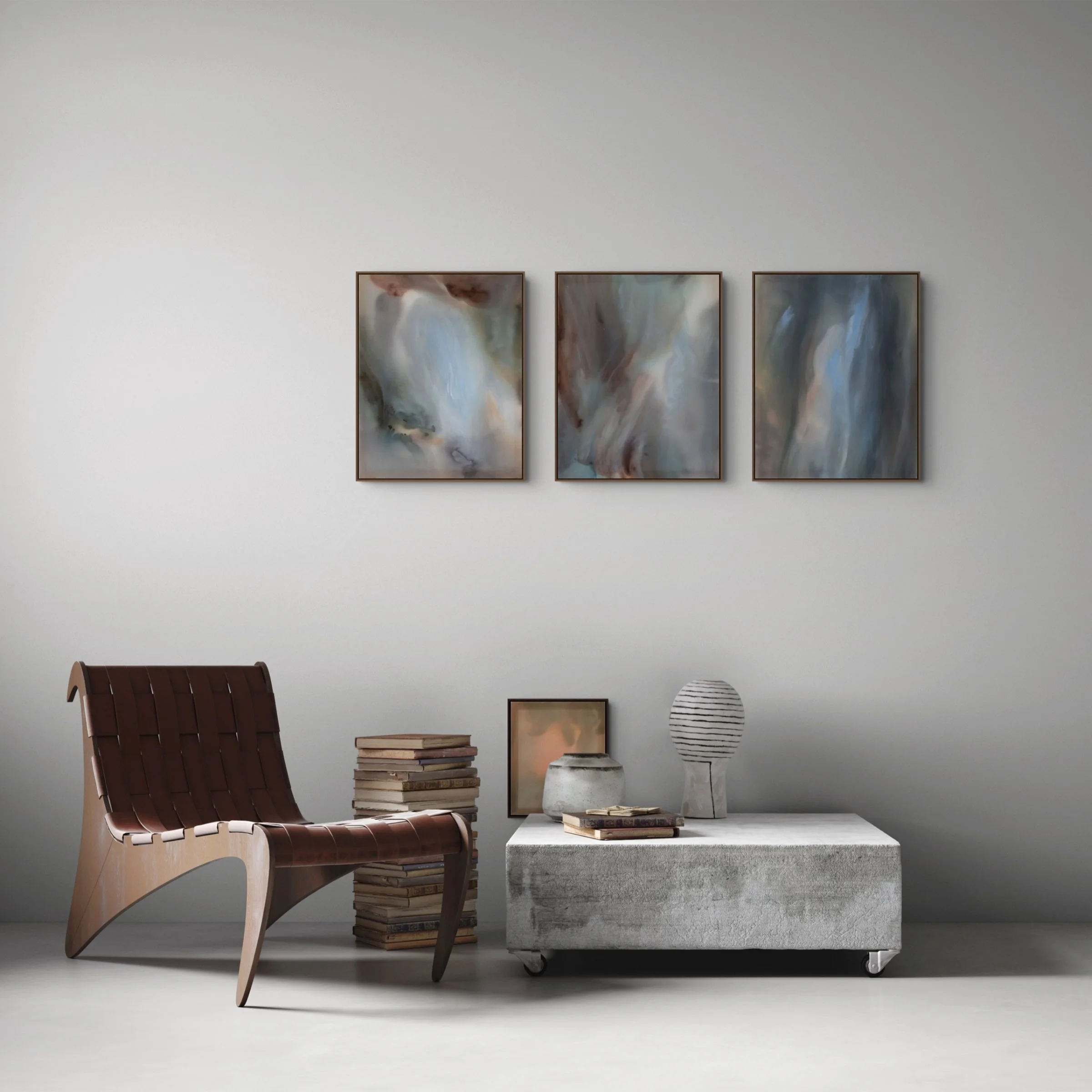 Settle I, Settle II and Settle III by Katerina Gordeeva displayed together on a wall in a contemporary interior.