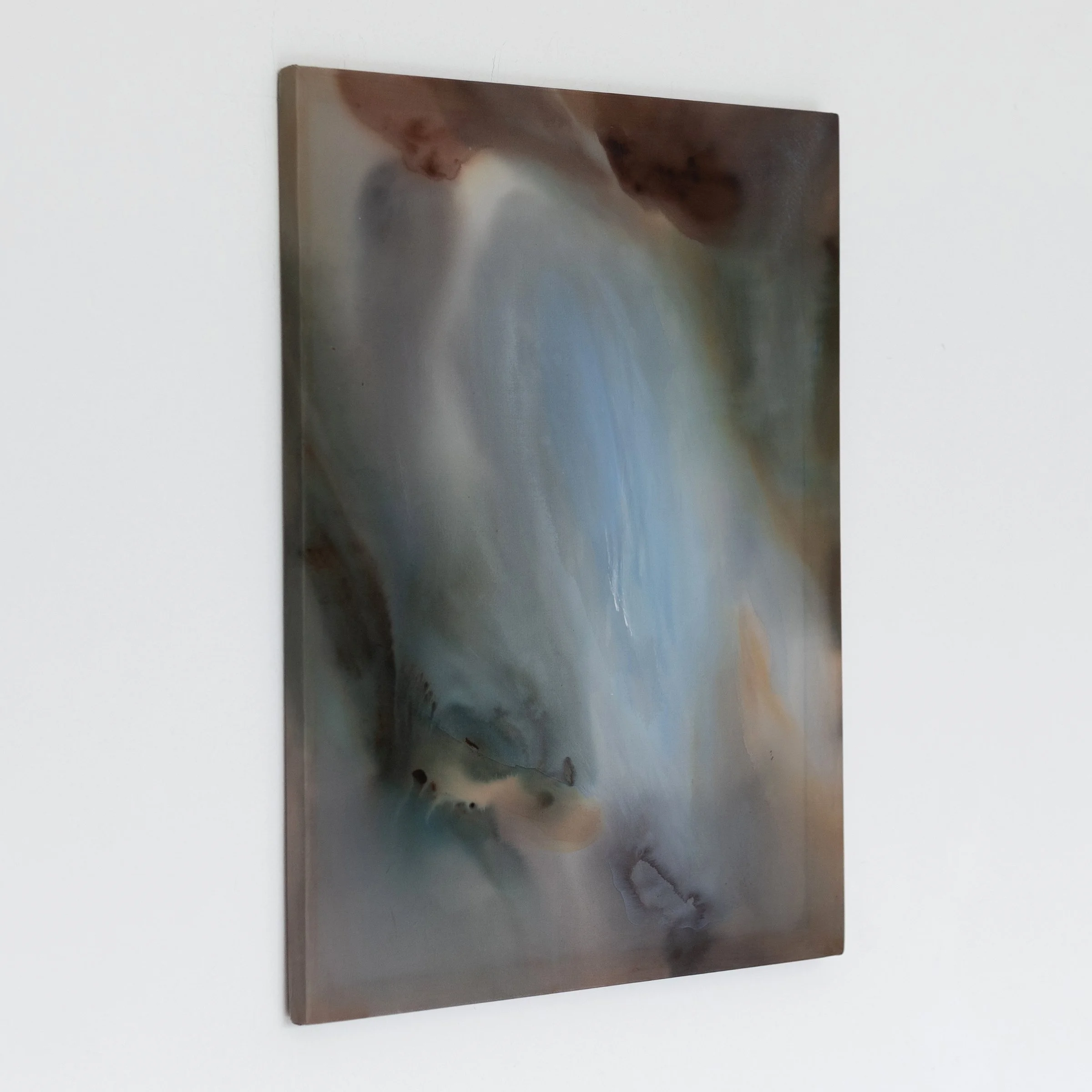 Angled view of Settle I by Katerina Gordeeva showing the painted silk surface and its translucent quality.