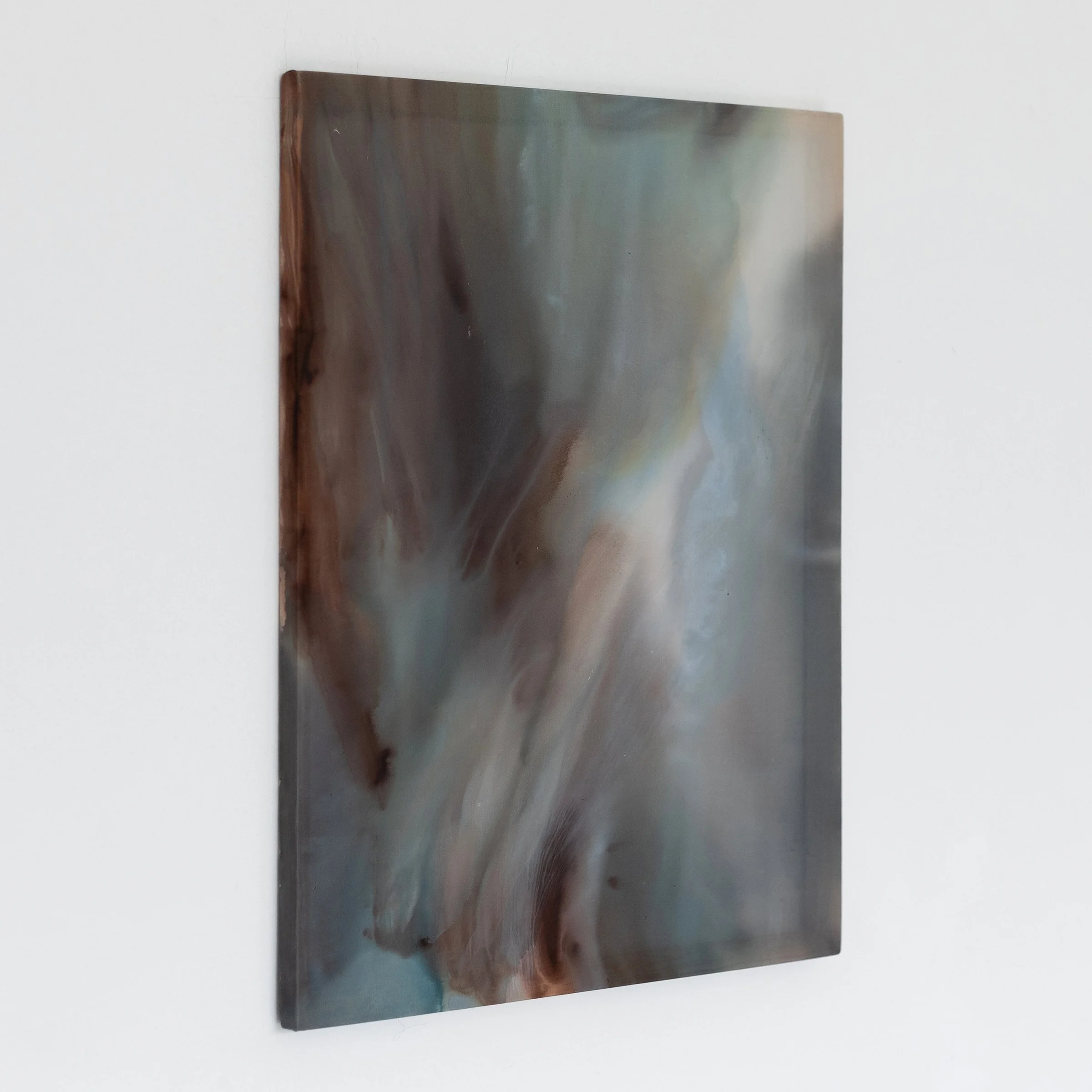 Angled view of Settle II by Katerina Gordeeva showing the painted silk surface and its translucent quality.