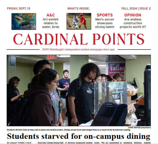 Pages designed for Cardinal Points, SUNY Plattsburgh's student-run newspaper, during my term as news editor.