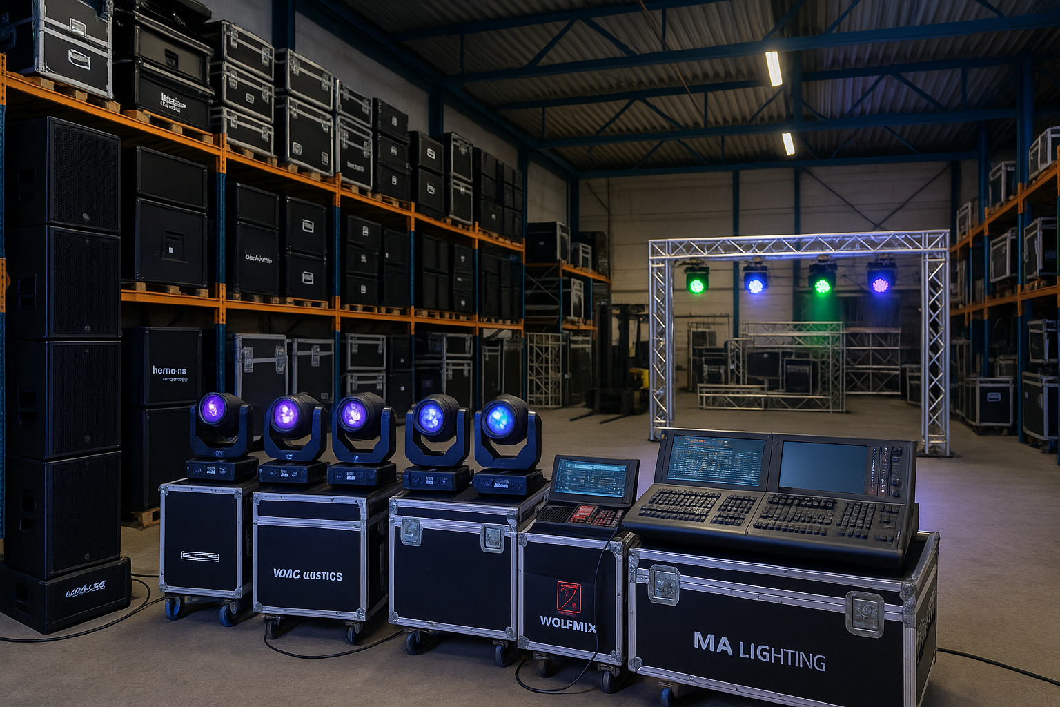 Bühnentechnik mit Scheinwerfern und Lichtsteuerpult in einem Lagerraum für Veranstaltungstechnik.