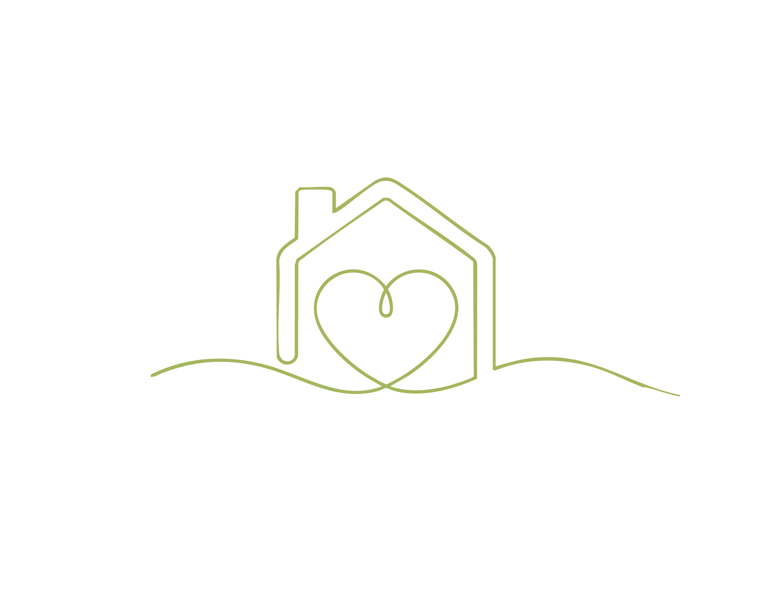 A line art illustration of a house with a heart inside, set against a black background.