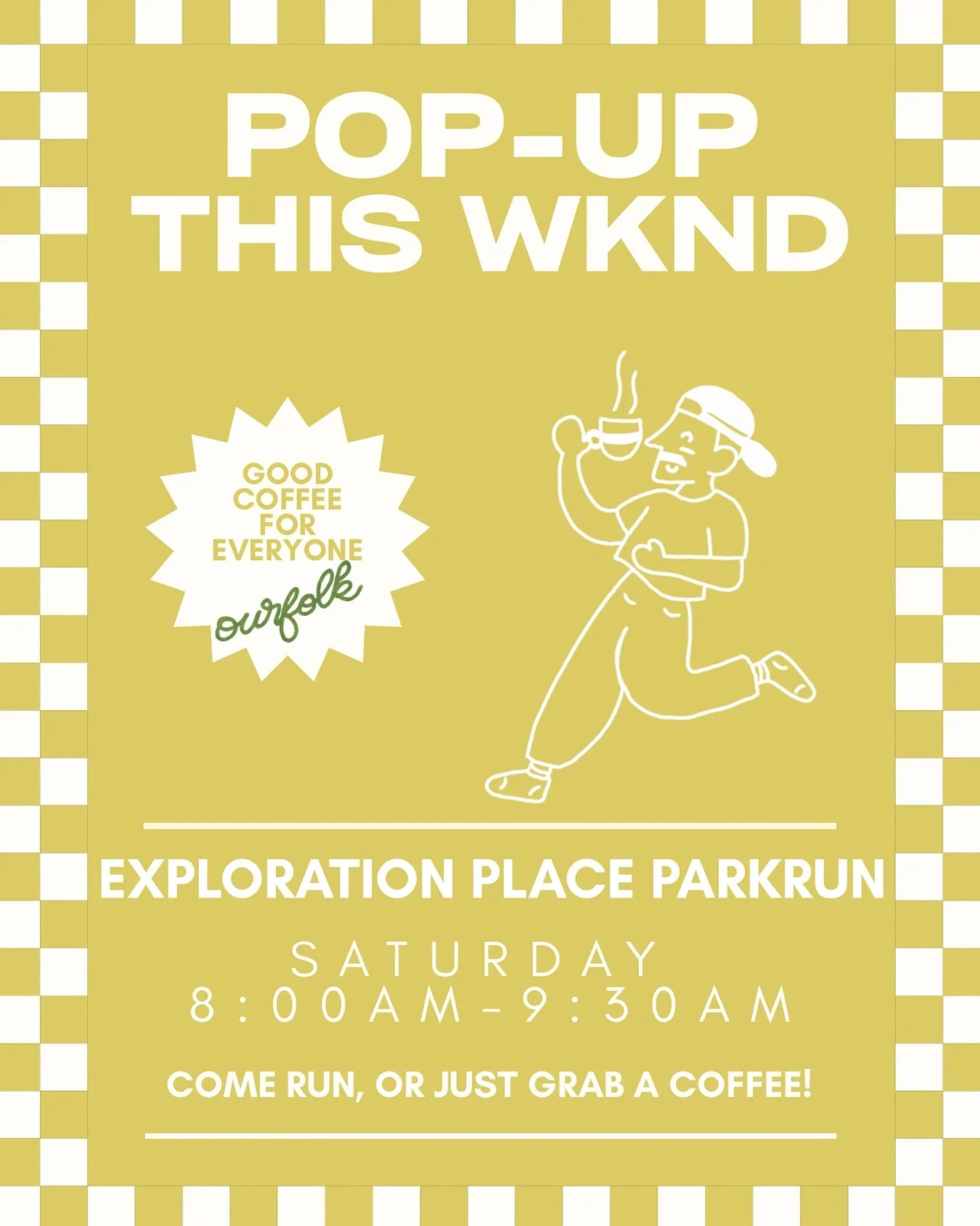 hi hi! ok surprise pop-up this weekend at @explorationplaceparkrun which is held at @explorationplace ! we will be serving 8am-9:30am!

come run, or just stop by for a coffee! make sure you bring a friend!