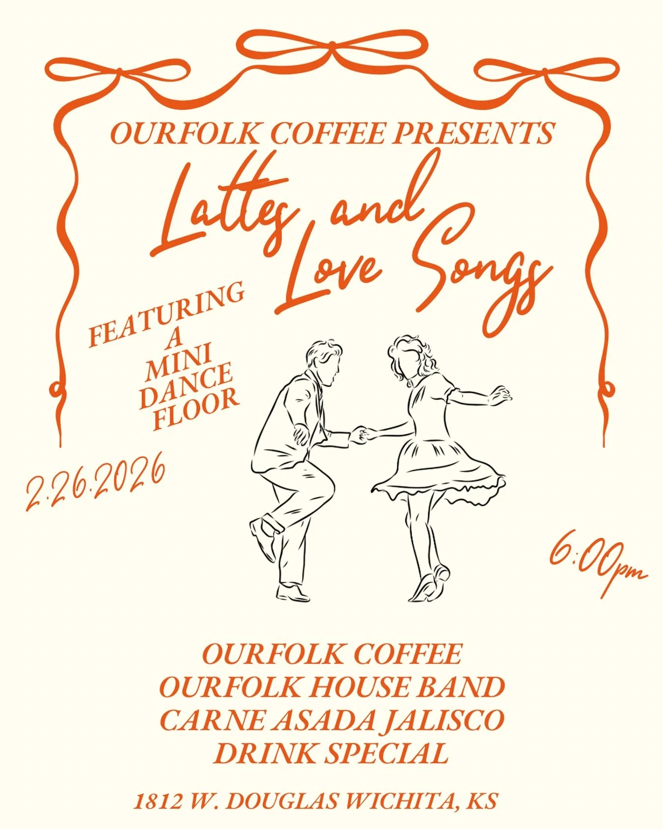 THIS THURSDAY NIGHT&mdash; 6:00pm-8:30pm!
who are you bringing with you?!?!

what to expect:
☕️ OurFolk Coffee
💌 Love songs, a mix of live music + a curated playlist throughout the evening 
🍓 drink specials
🌮 Carne Asada Jalisco
💃🏼 Mini dance fl