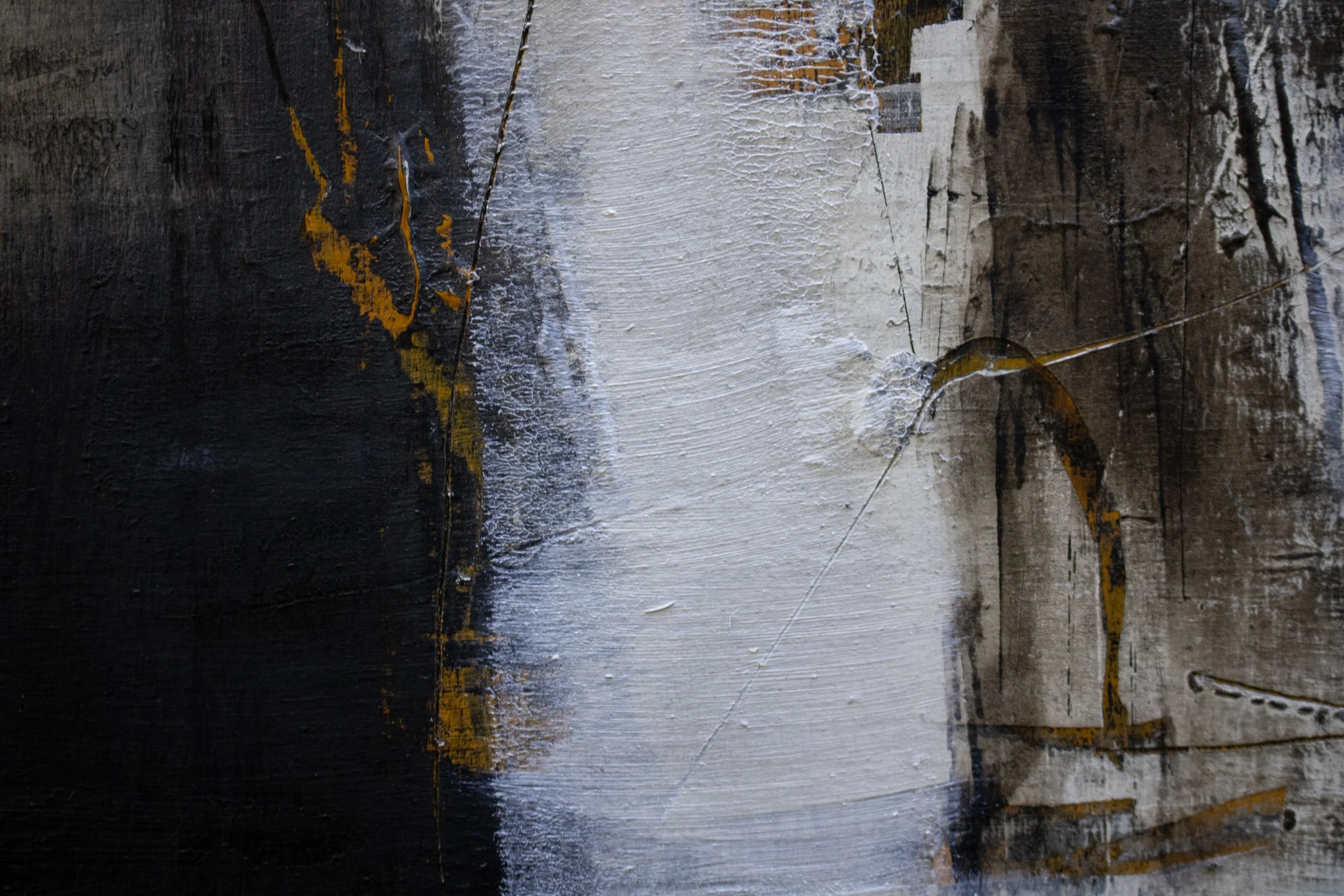 “Intangibility of Grief iI”, cold wax, oil on wood panel, 12x12x1in.2026 DETAIL