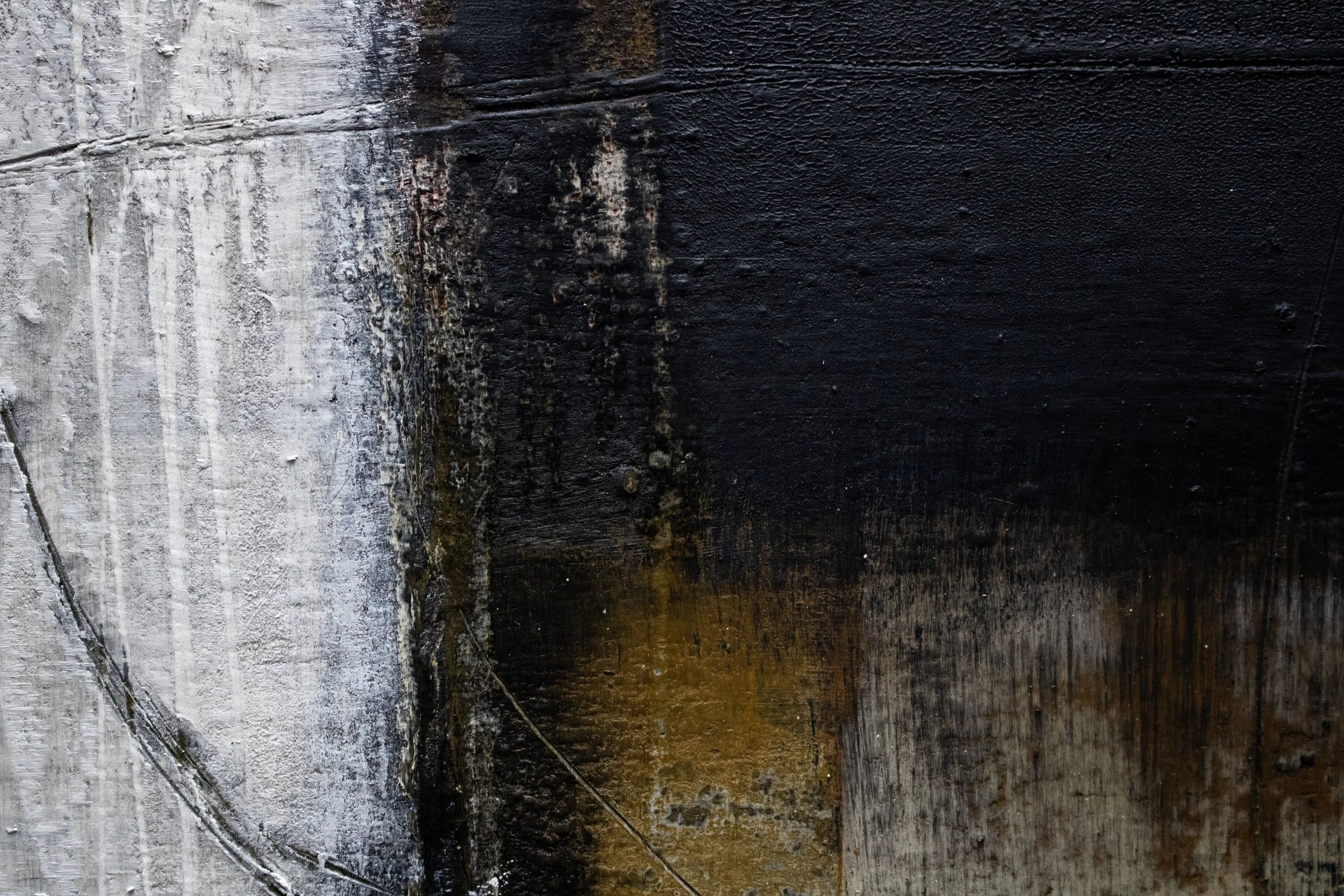 "Perspectives On A Veiled Truth",
 cold wax, oil on wood panel,24x24x2in. 2025 (DETAIL)