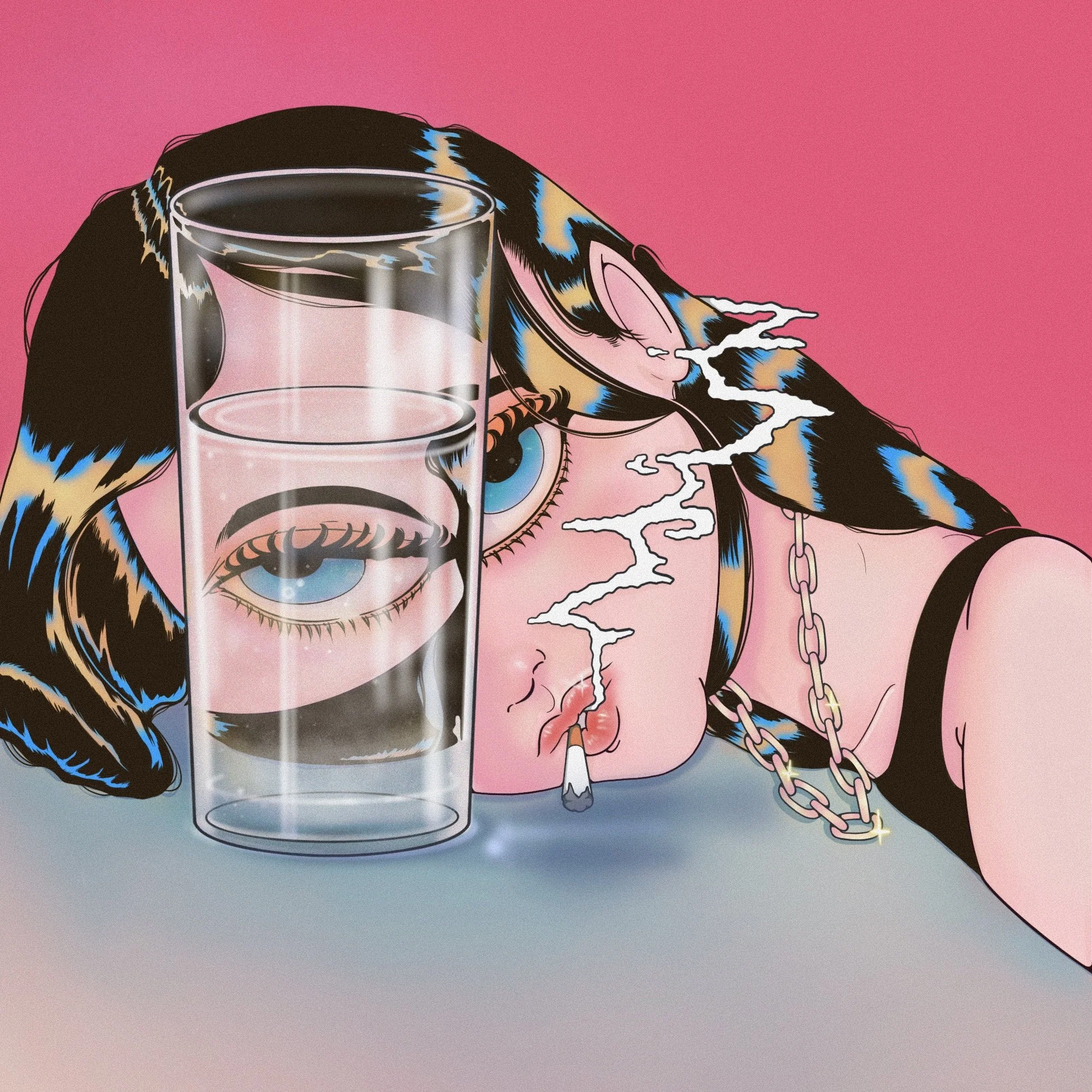 An illustration of a woman resting her head on a surface with a large glass of water in front of her. She is smoking a cigarette.