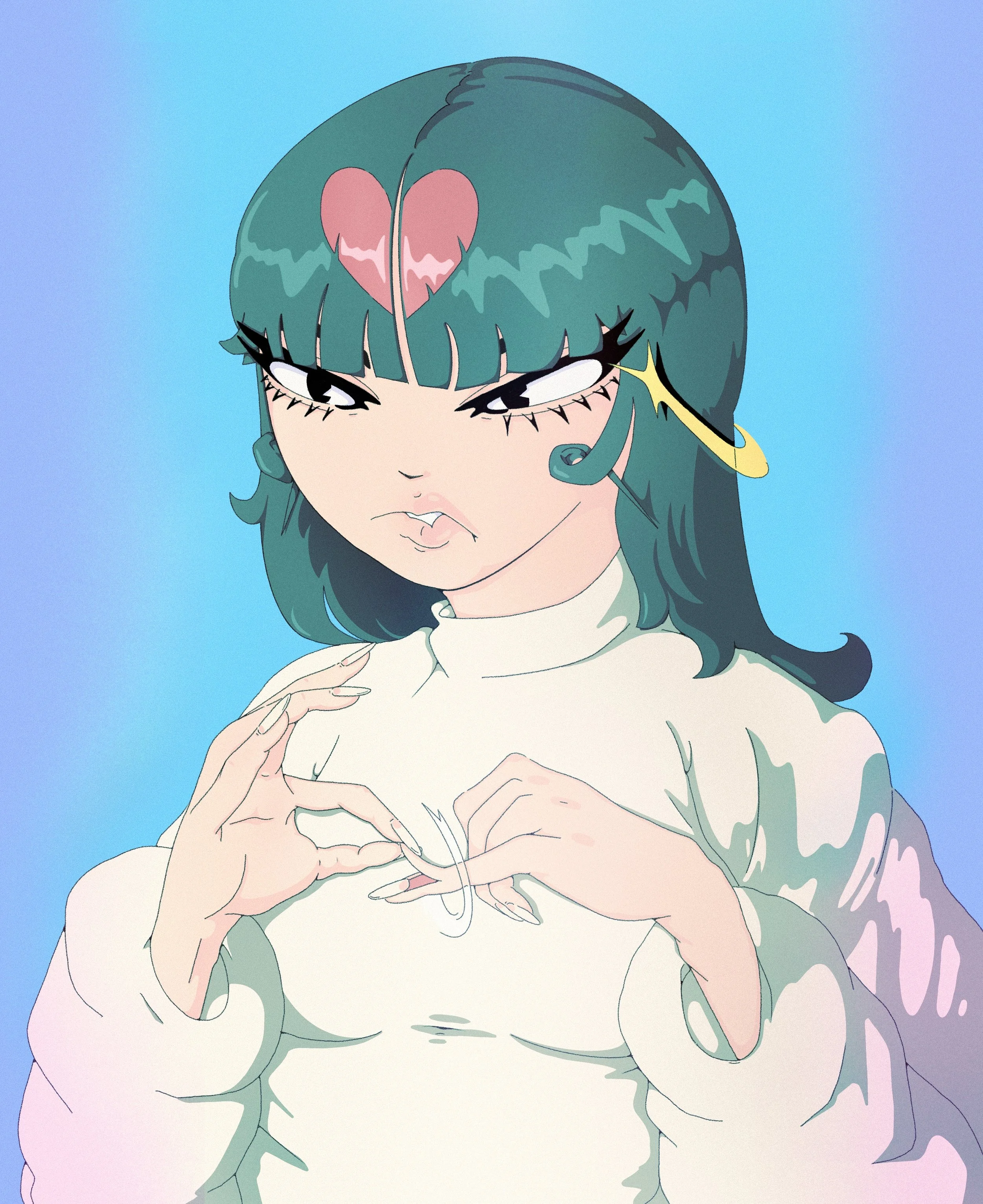An animated girl with green hair, a pink heart-shaped hair clip wearing a white turtleneck, making a hand gesture against a blue background. this is expressive fine art illustration by vimpari joonas