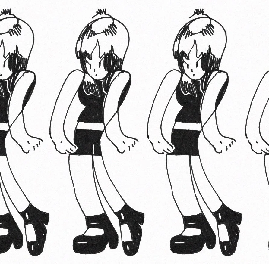 Repeated black and white line drawings of a girl standing with her hands on her hips wearing a sleeveless dress and boots.