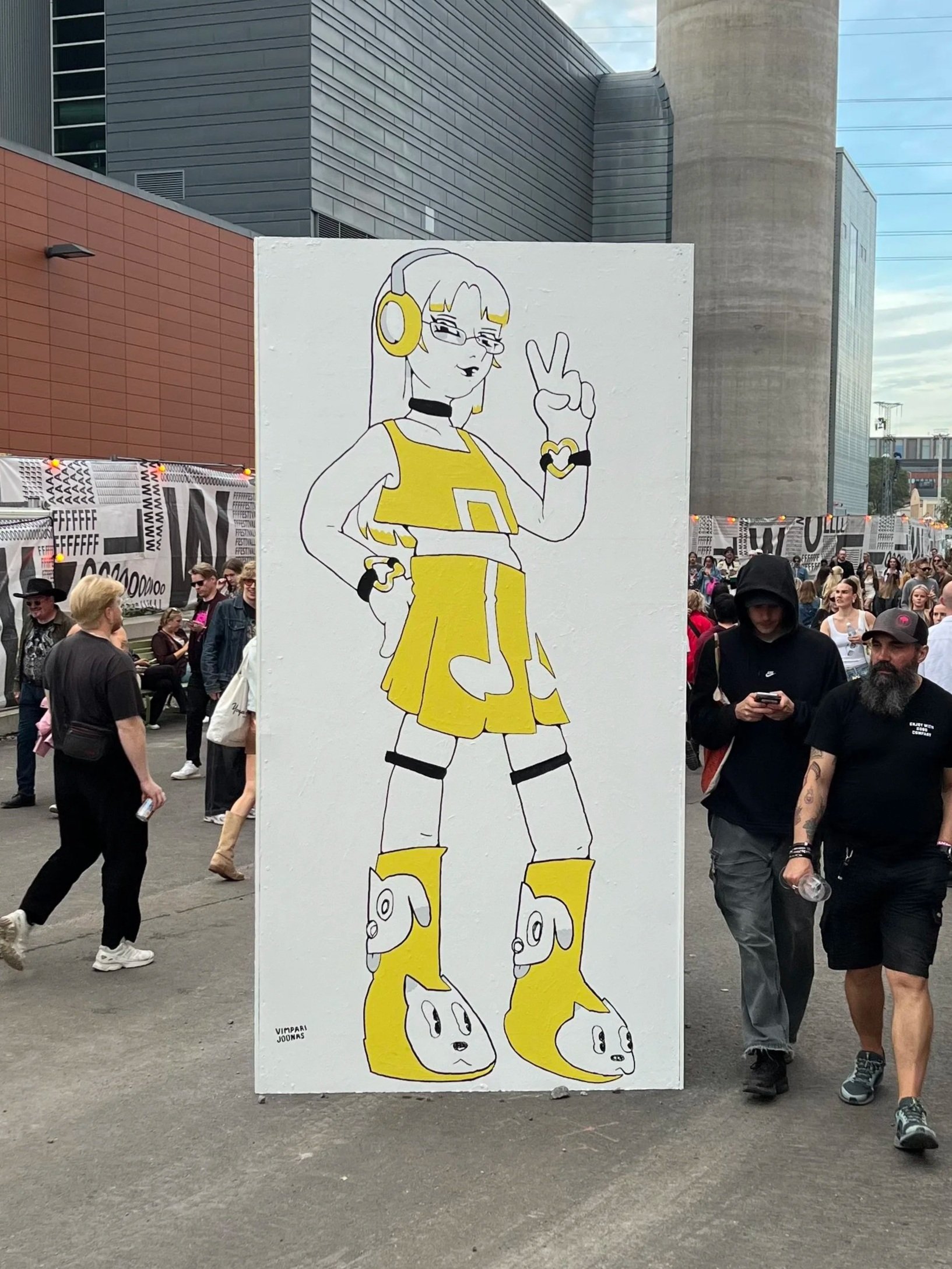 A woman is making a peace sign. The artwork is inspired by the famous Glico Man landmark in Osaka, Japan.