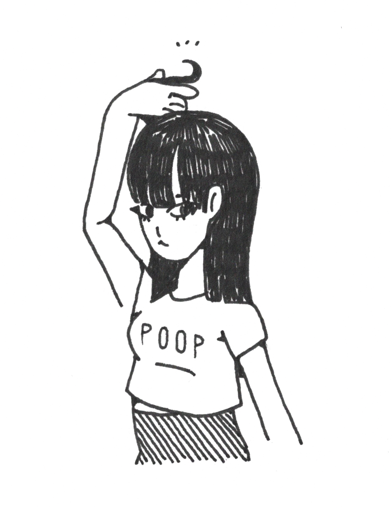 Black and white drawing of a girl with long hair, wearing a T-shirt with the word 'POOP' on it, holding a curl above her head with a neutral expression.