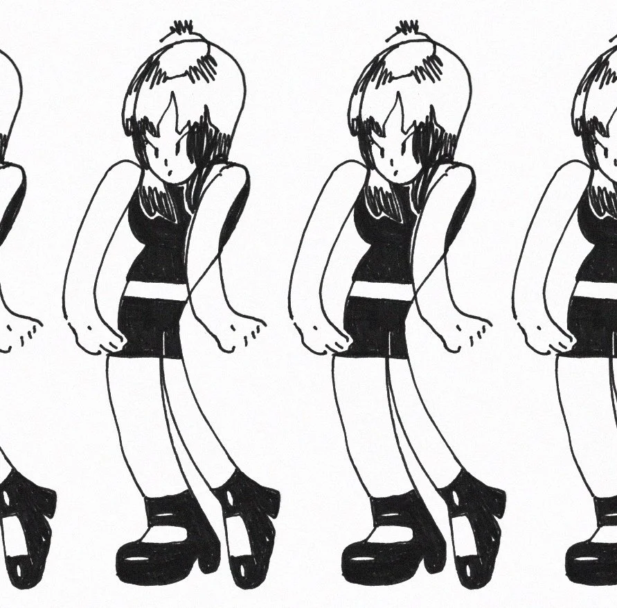 Repeating black and white cartoon illustration of a girl with short hair, wearing a sleeveless top and shorts, with her fists clenched and appearing to be angry or frustrated.