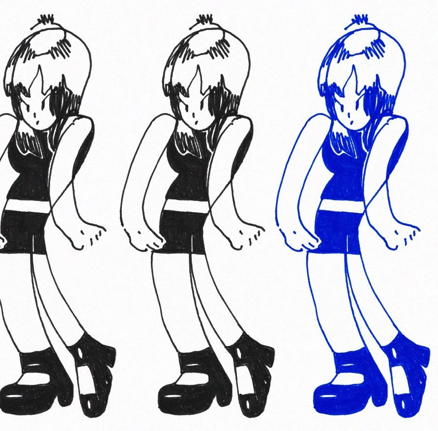 A pop art style illustration of a girl with short hair, wearing a sleeveless top and shorts with boots, depicted in three versions: black and white, with one black and one white section, and fully in blue.