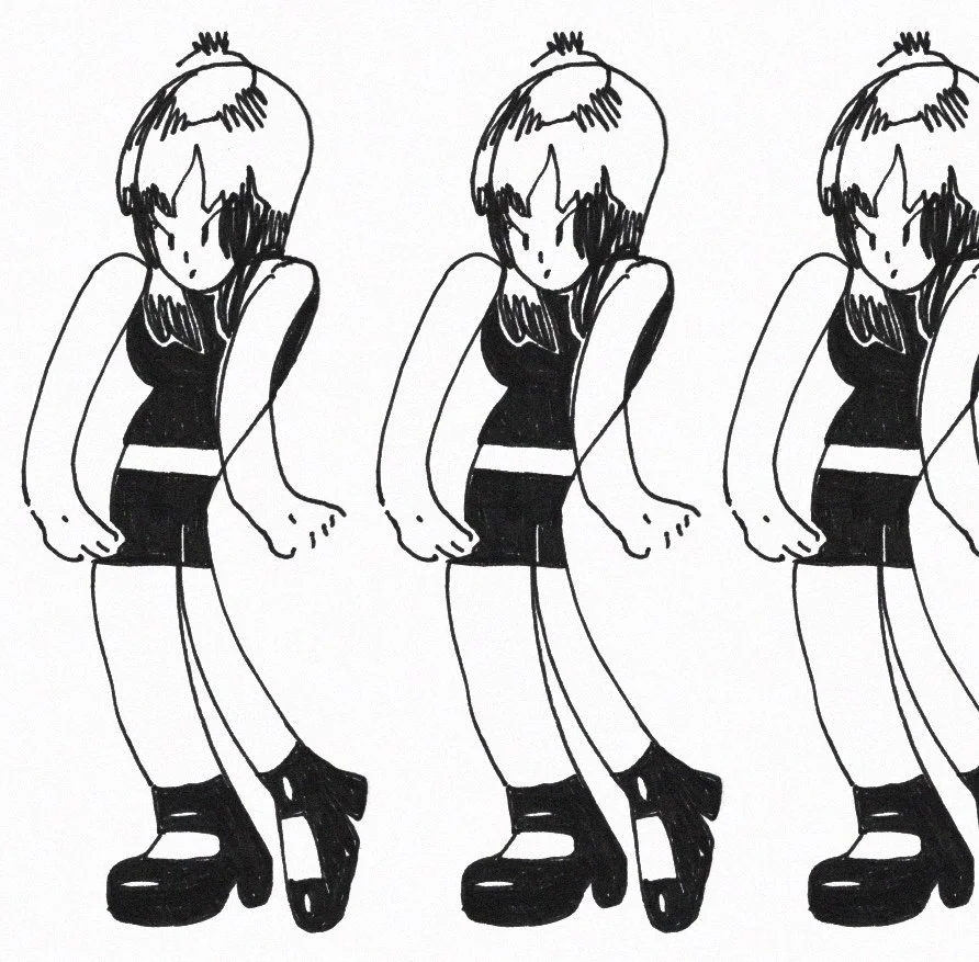 Three identical black and white cartoon girls with short hair, wearing sleeveless tops, skirts, and platform shoes, standing with arms bent and fists clenched.