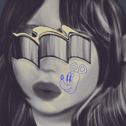 A woman with long hair wearing sunglasses, with a snail illustration drawn on her cheek, in a black and white photo.