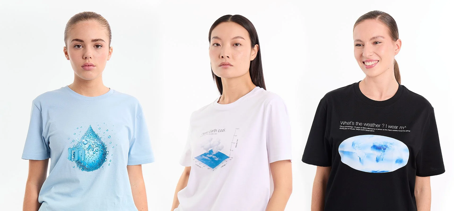 Three young women wearing t-shirts with different water and mpower cloud-themed graphics and text, standing against a white background. Nerdy tech cool vibe.
