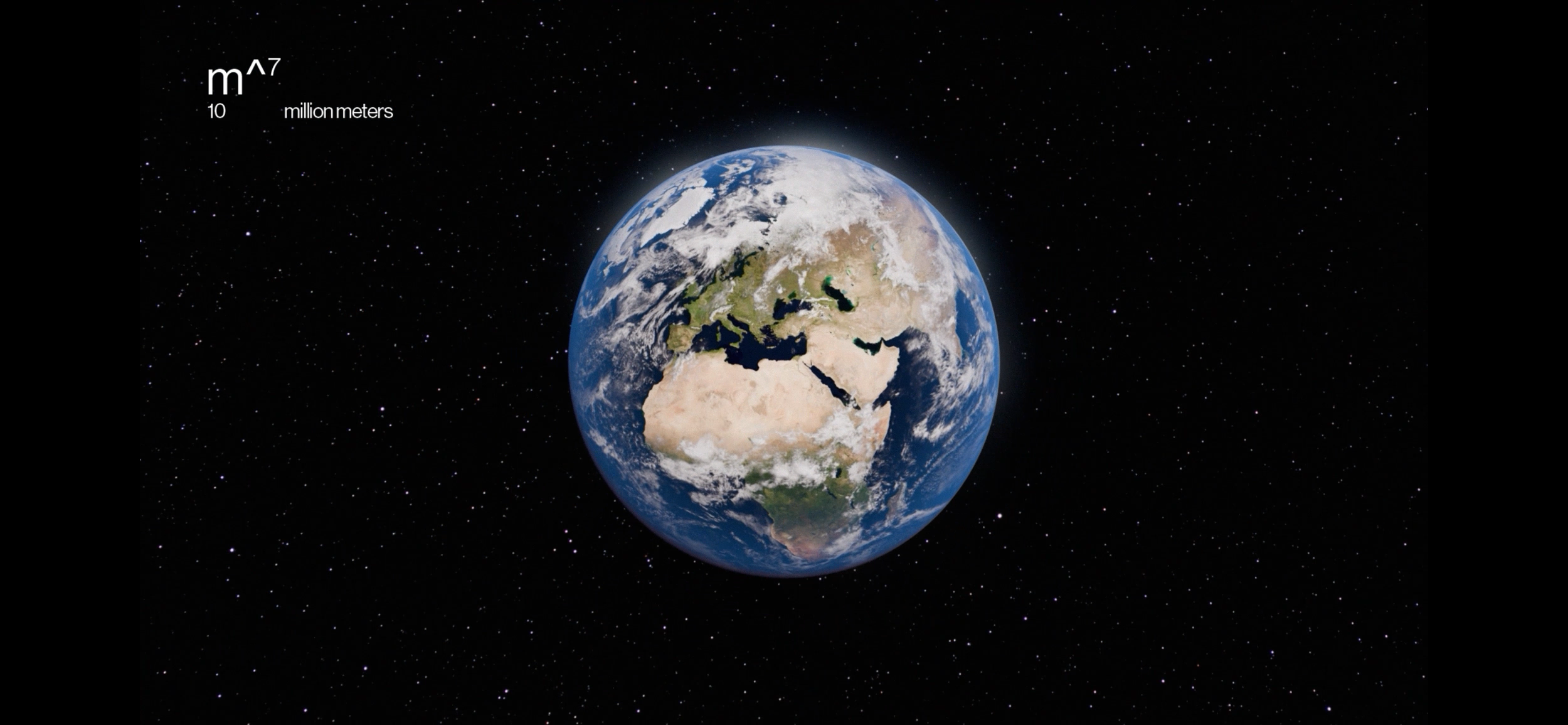 A digital illustration of planet Earth viewed from space, showing continents and oceans with space and stars in the background. The top left corner features a size comparison scale labeled 'm^7' and 'million meters'. from a video made by mpower