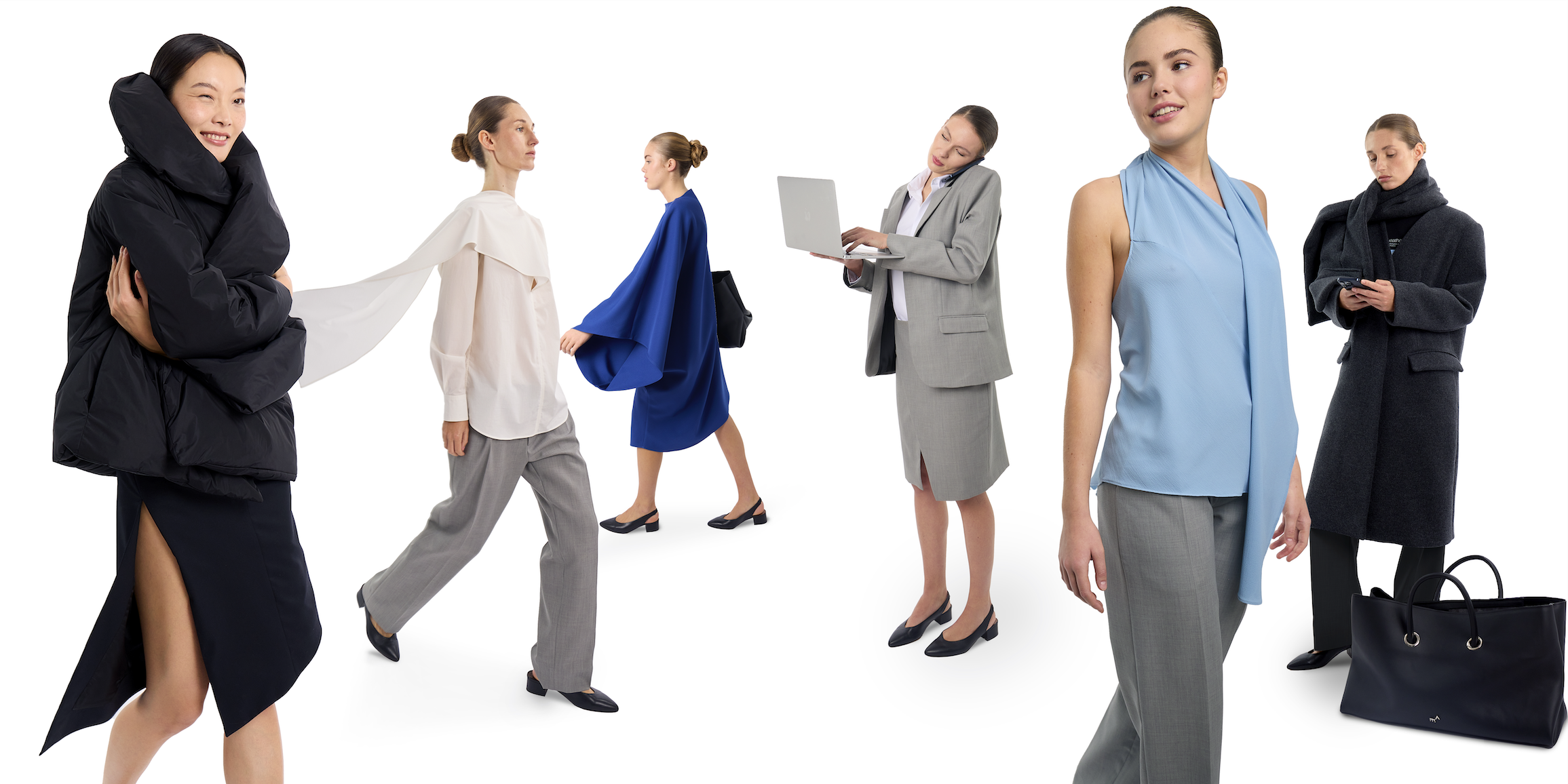 Seven mpower city modern women in various outfits and poses, some looking at their phones or working on a laptop, one woman wearing a large padded jacket and another in a black coat with a large handbag nearby. Feeling like a walking in the street.