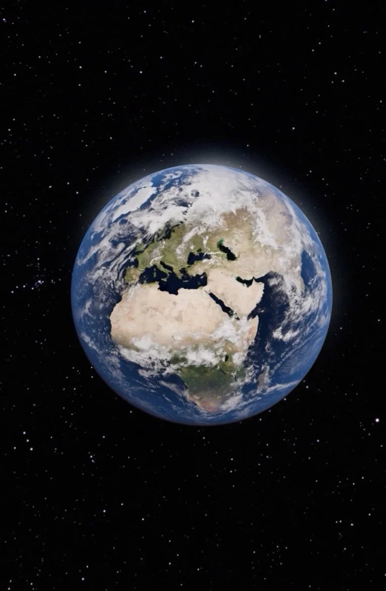 A view of Earth from space showing continents, oceans, and clouds, with stars in the background.