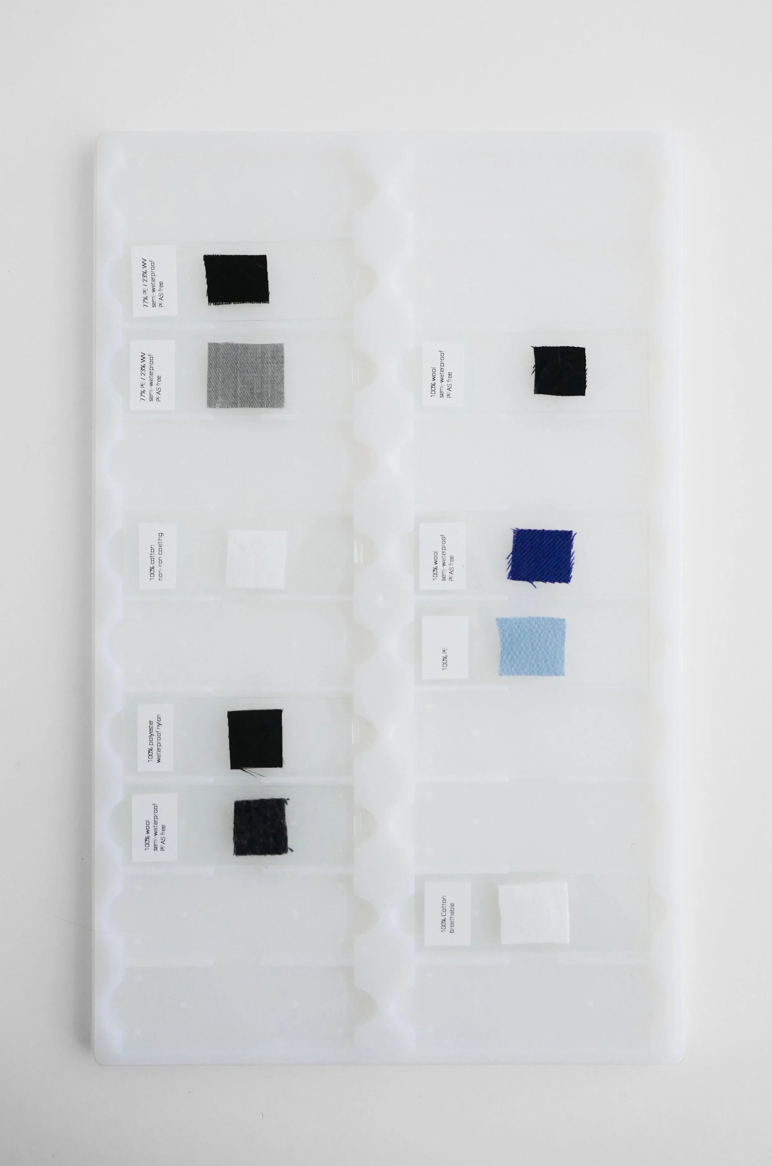 A white display board with seven fabric swatches, each labeled with fabric type and information, arranged in two columns.