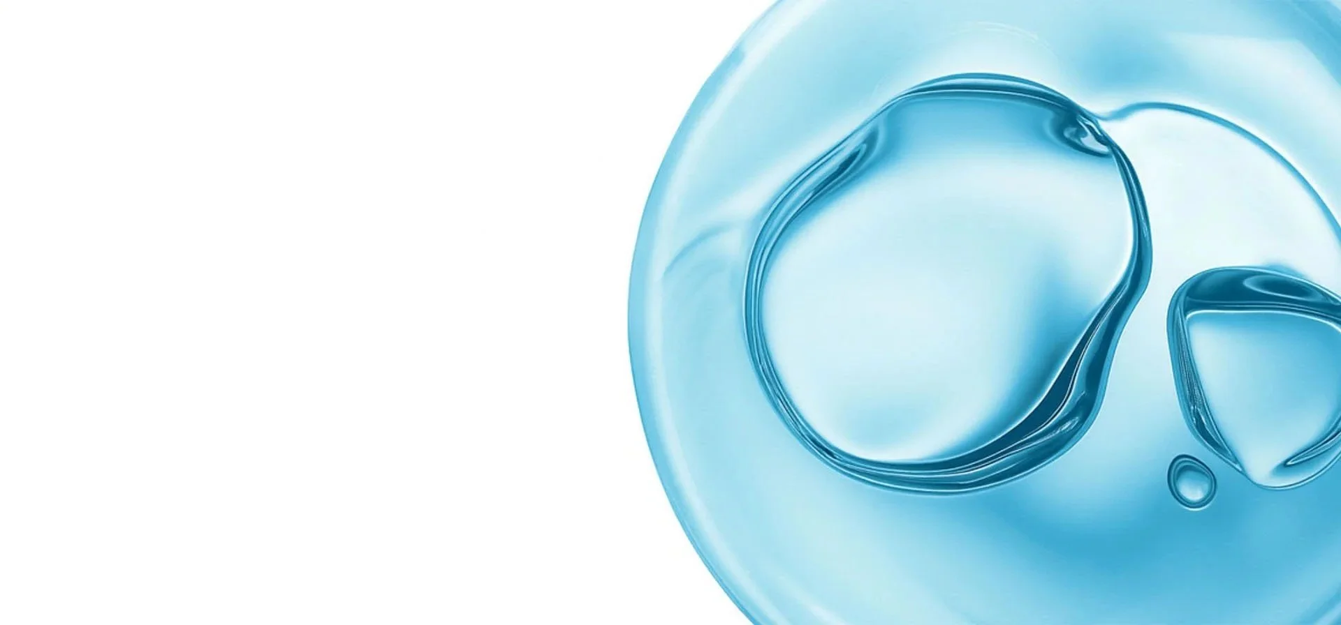 Close-up of an drop of water liquide with droplets on a plain white background.