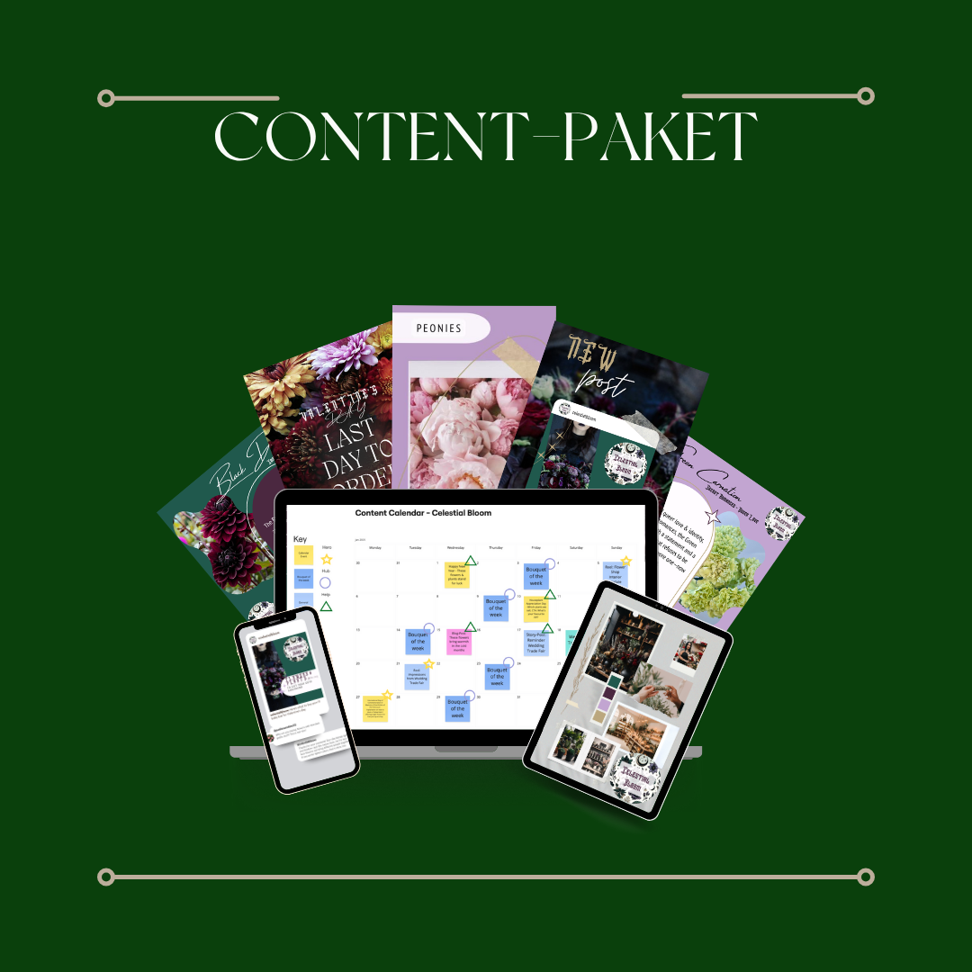 Ein grün hinterlegtes Cover mit dem Titel "Content-Paket" zeigt digitale Inhalte wie Kalender, E-Books und Social-Media-Beiträge zum Thema Blumen und Garten auf einem Laptop, Tablet und Smartphone.