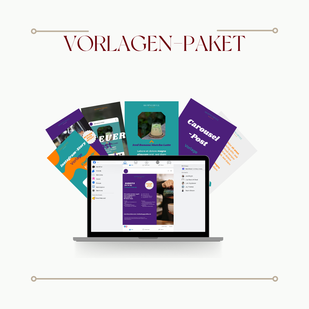 Grafik mit dem Titel "Vorlagen-Paket" und verschiedenen digitalen Vorlagen sowie einem Laptop mit einer Facebook-Seite im Mittelpunkt.