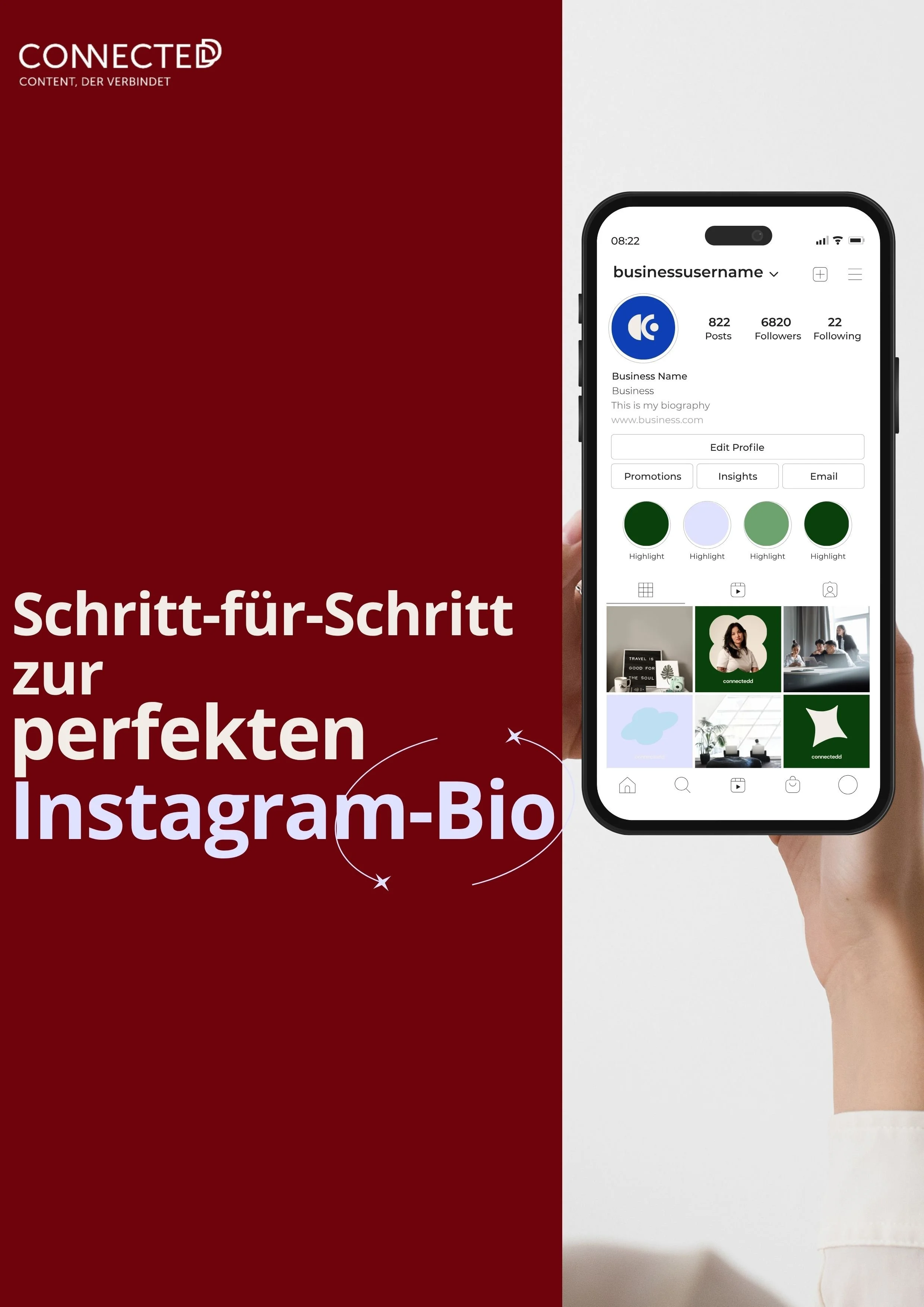 Broschüre mit rotem Hintergrund und white Text, die den Titel "Schritt-für-Schritt zur perfekten Instagram-Bio" zeigt, und auf einer Hand ein Smartphone mit einer Instagram-Profilseite enthält.