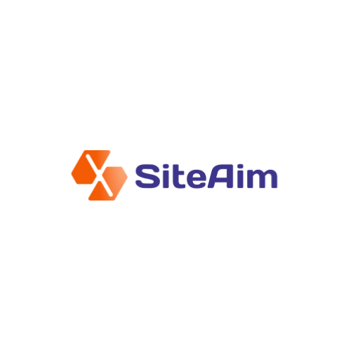 SiteAim logo with an orange hexagon icon and purple text.