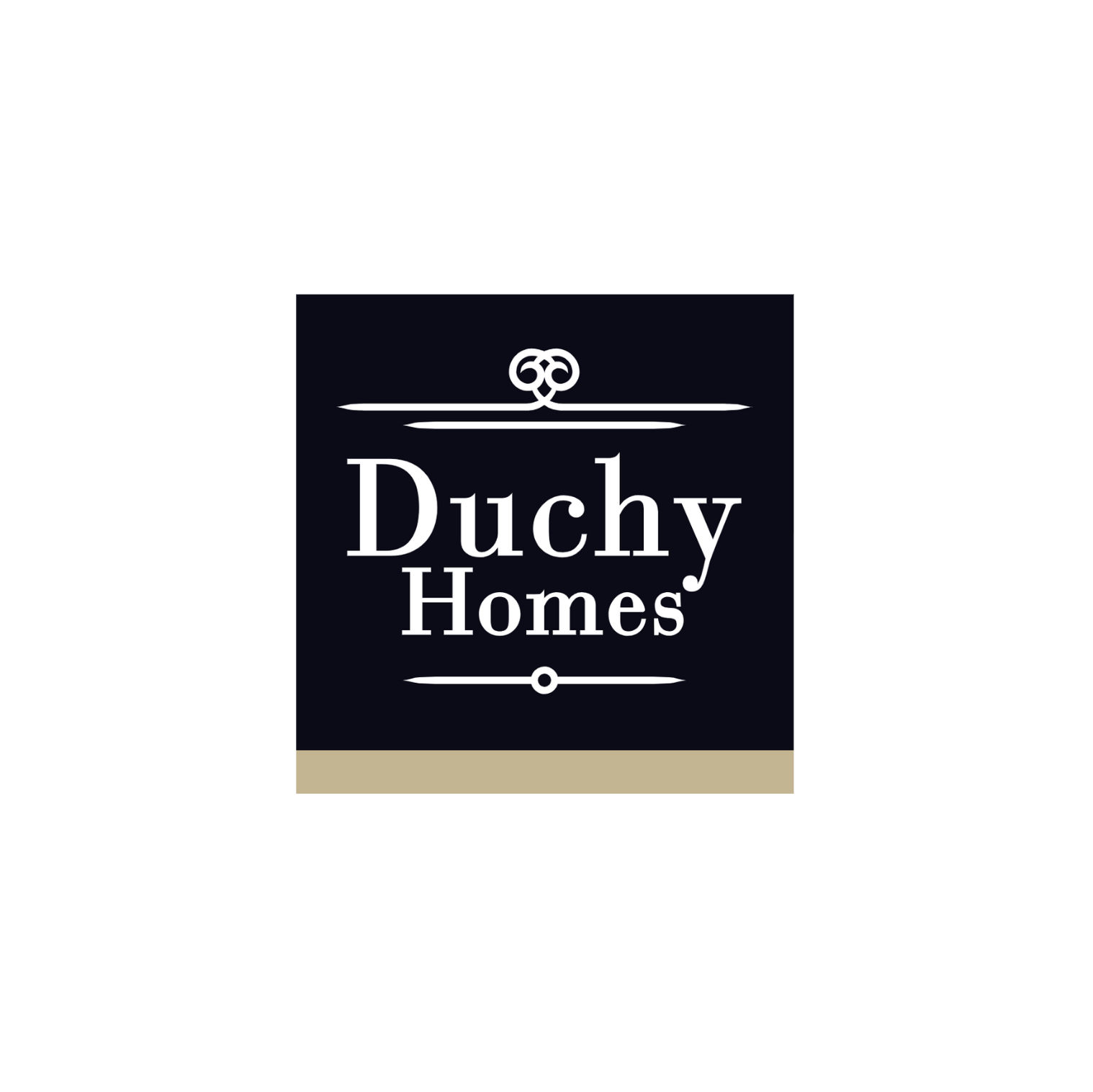 Logo for Duchy Homes with dark background, white text, and beige bottom border.