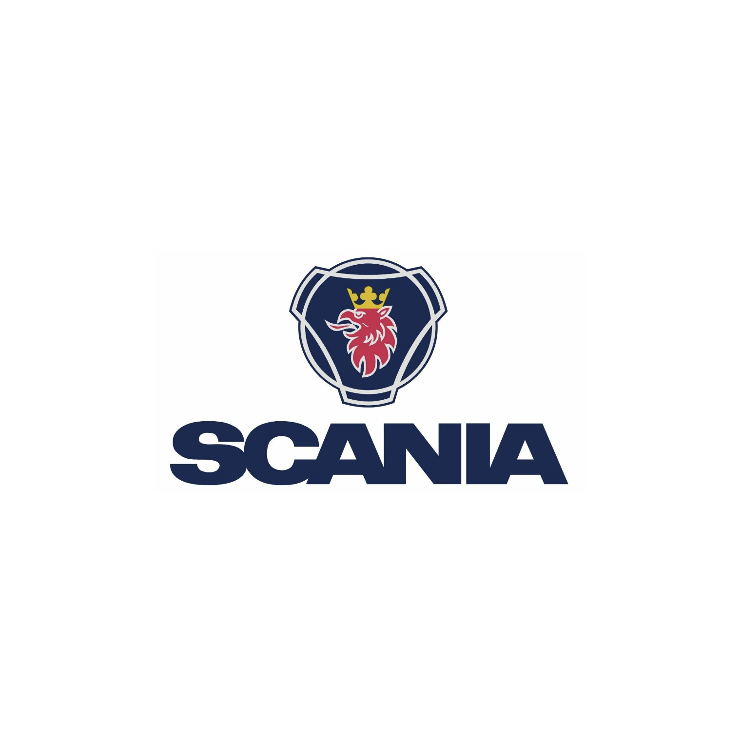 Scania logo featuring a red lion with a gold crown inside a circular emblem, with the word 'SCANIA' in bold navy blue letters below.