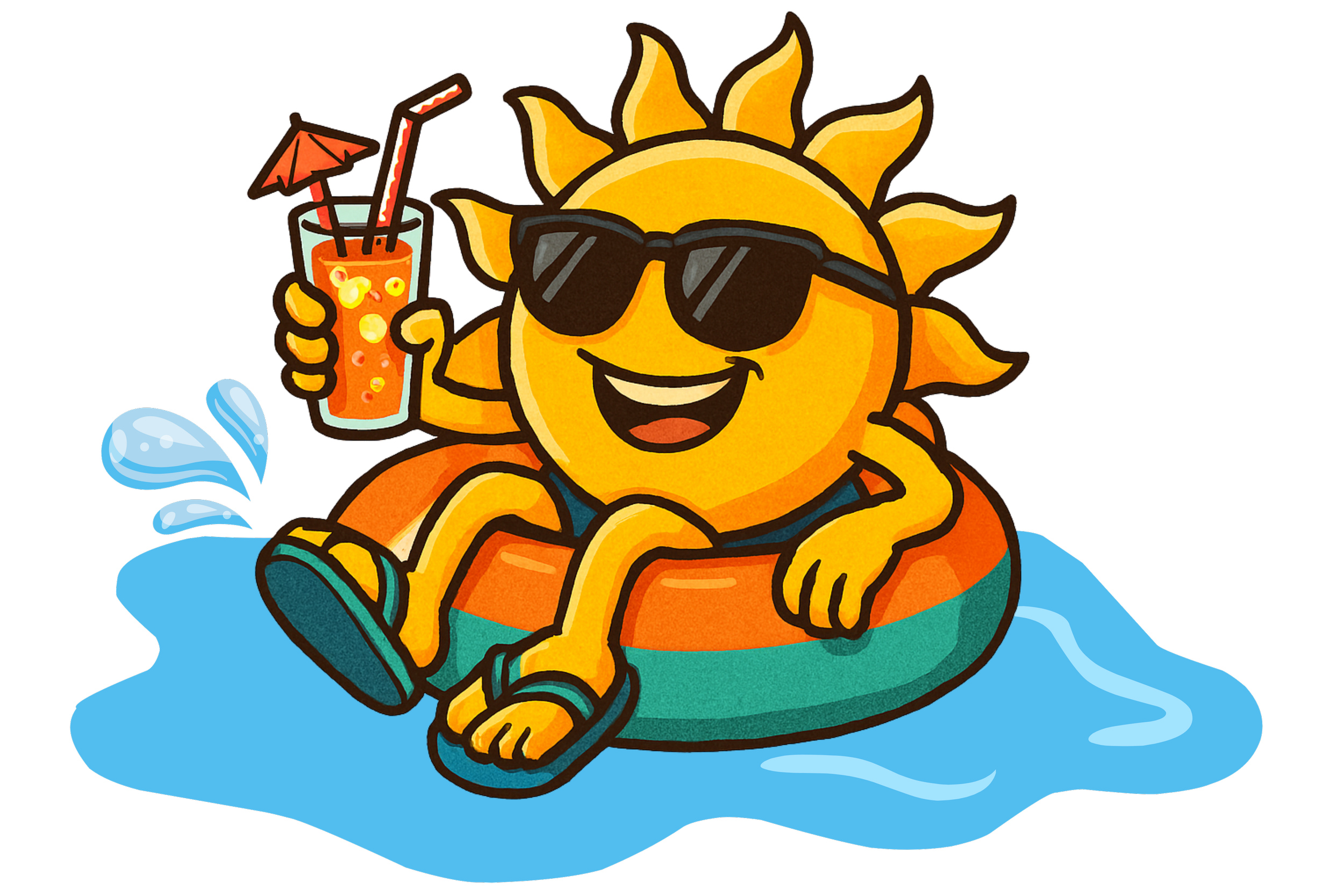 A cartoon sun character wearing sunglasses, relaxing on a pool float, holding a tropical drink with a straw and umbrella.