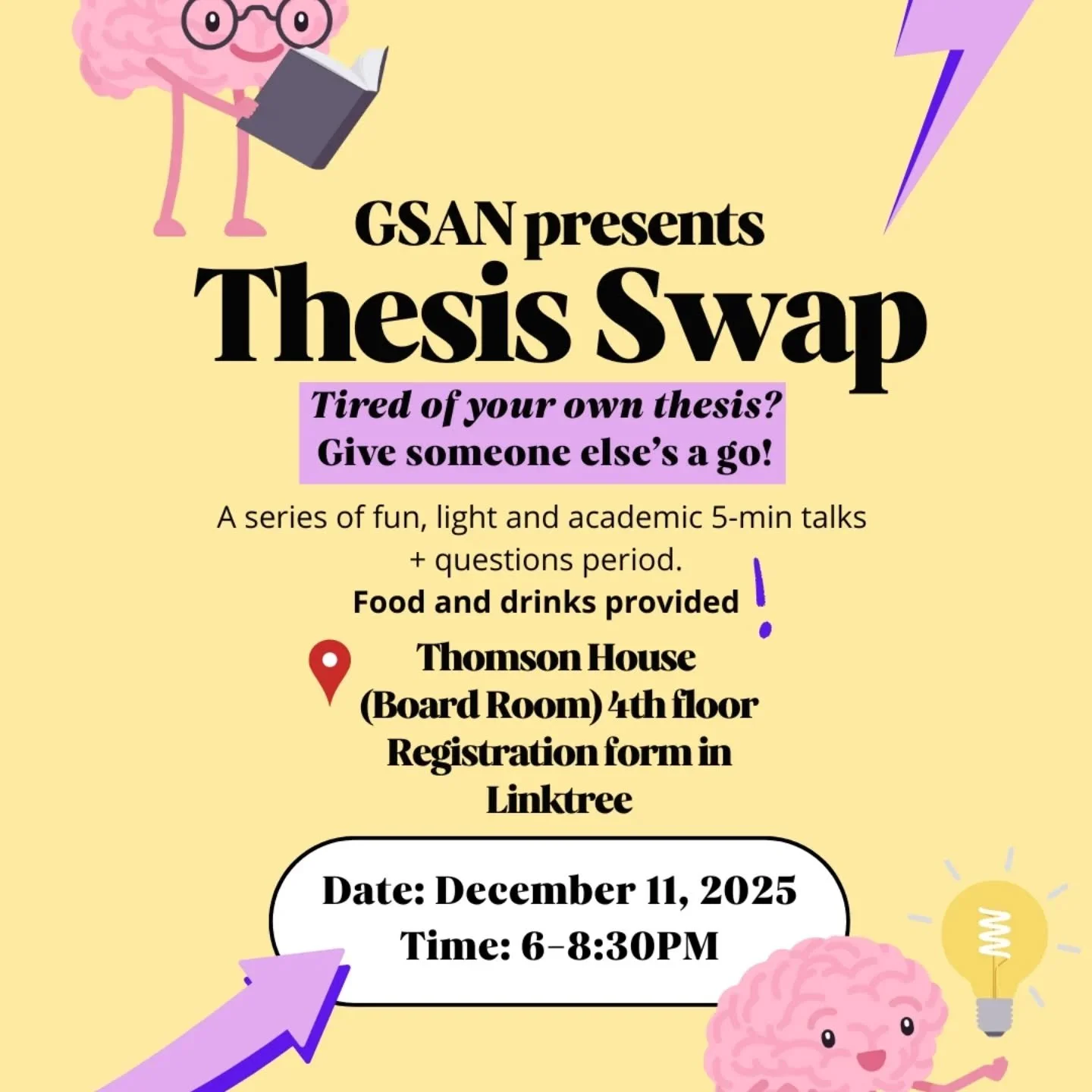 Sick of presenting the same talk over and over again on why your project is important?

How about: pitching someone else's thesis and why it's important?

Introducing the Academic team's newest chaotic fun: THESIS SWAP!

Come join for food, drinks, a
