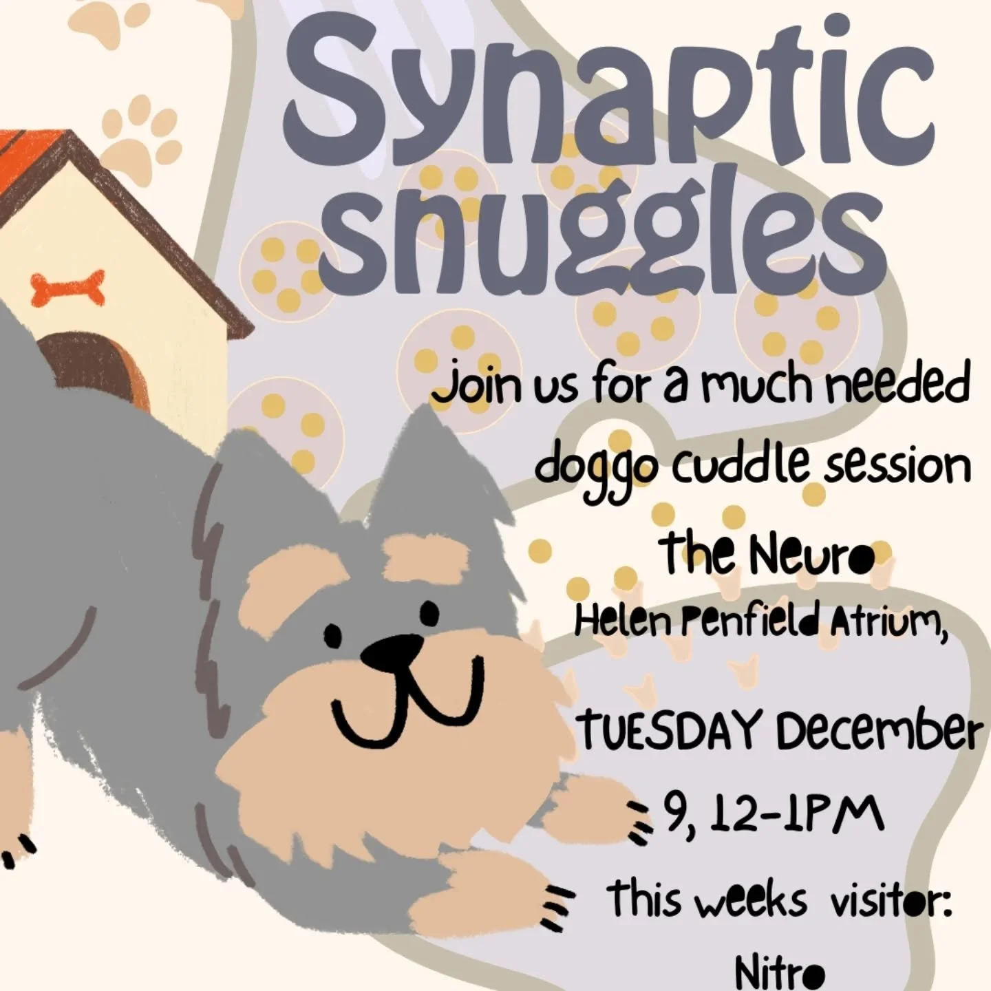 Need a holiday reset? Come paws &amp; pause with Nitro the labrador, certified expert in cuddles, tail wags, and good vibes. 

📍 The Neuro, Helen Penfield Atrium 
⏰ 12-1PM
📆 Tuesday, December 9

We'll have the cutest snugly time with Nitro the Labr