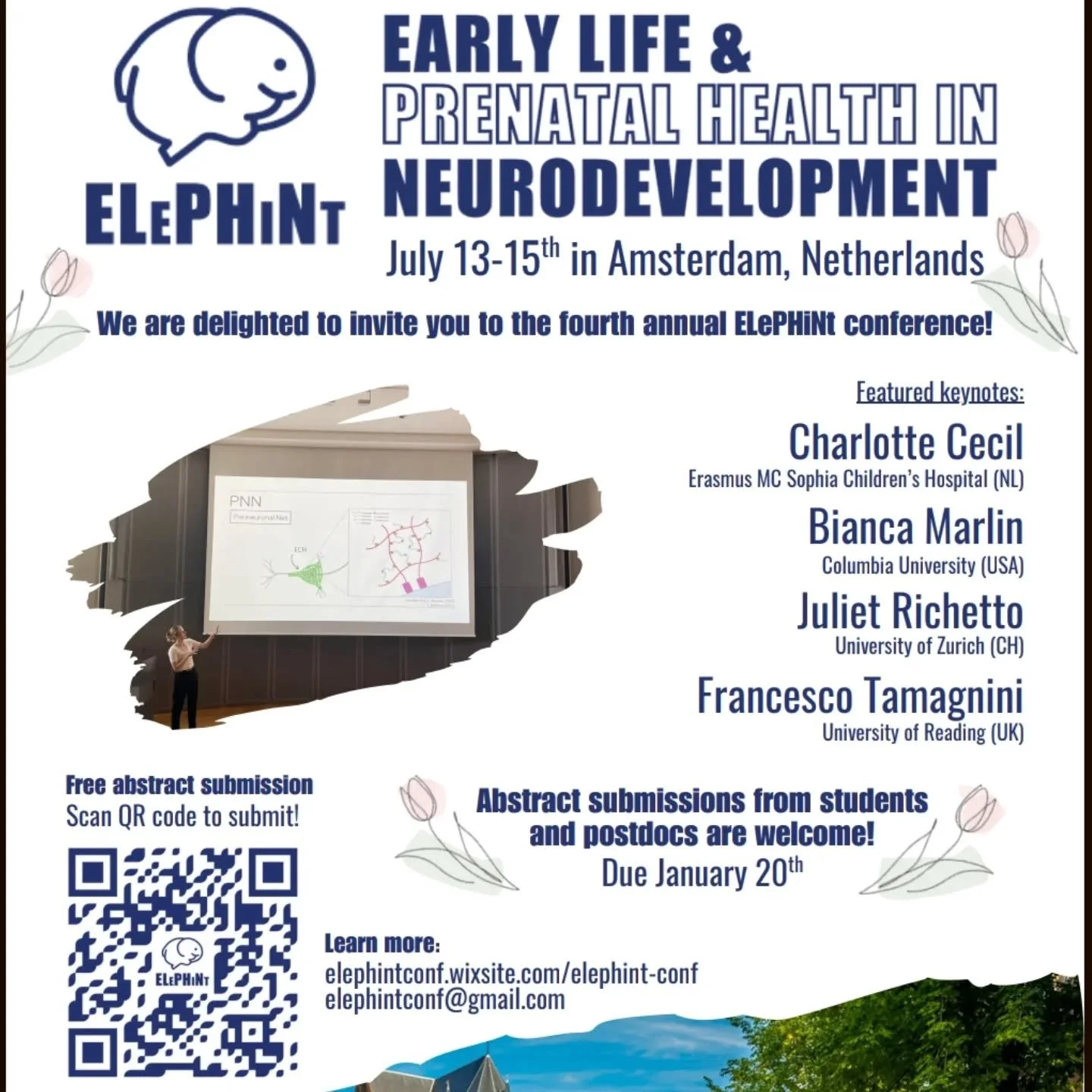 Calling all early life researchers! 

ELePHiNt 2026 (the early life and prenatal health in neurodevelopment conference) is officially underway! 
Join the team the University of Amsterdam, from July 13th-15th, to showcase your latest research, network