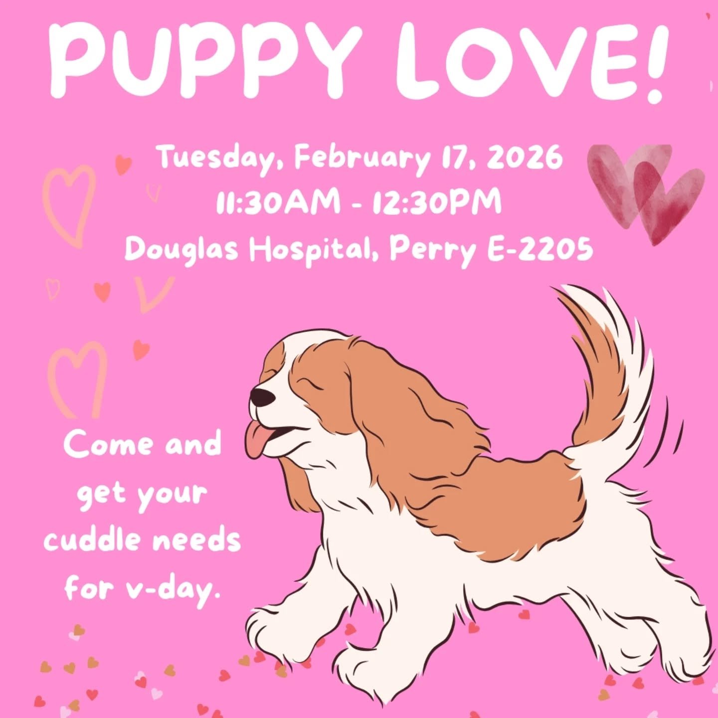HELLO DOUGLAS IPN!

We have a special Valentine's Day Dougie dog therapy for yall!

When?: Feb 17 11:30-12:30
Where: PERRY E-2205
How? Just show up and let Finley give you all the cuddles!!!

See y'all there! 😘