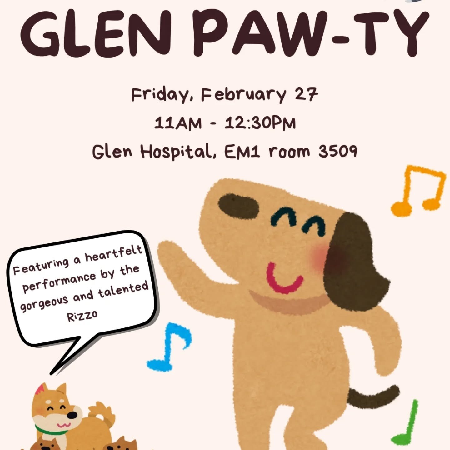 Introducing: the Glen Paw-ty; a new wellness event for our lovelies at the MHUC glen site!!

Brought to you by your institute reps, (say thank you to Christine &amp; co!) Rizzo the golden retriever is coming this Friday for your doggy therapy needs!!
