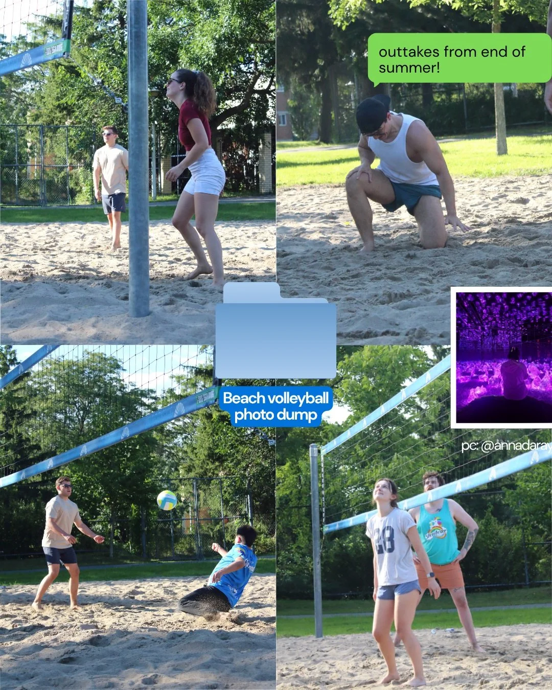 THANKS EVERYONE WHO SHOWED UP TO BEACH VBALL!!

here's some photos from the fun in the sun ;) if you'd like to see any of the photos please contact @annadaray 

See y'all at the next games!