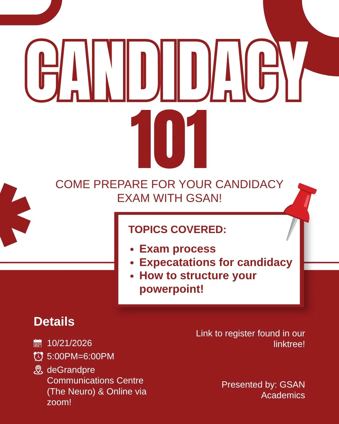 Come prepare for your candidacy exam with us at GSAN's Candidacy Exam 101 workshop, brought to you by the GSAN Academic Team! The workshop will cover important information regarding the exam process, expectations, as well as tips on how to structure 