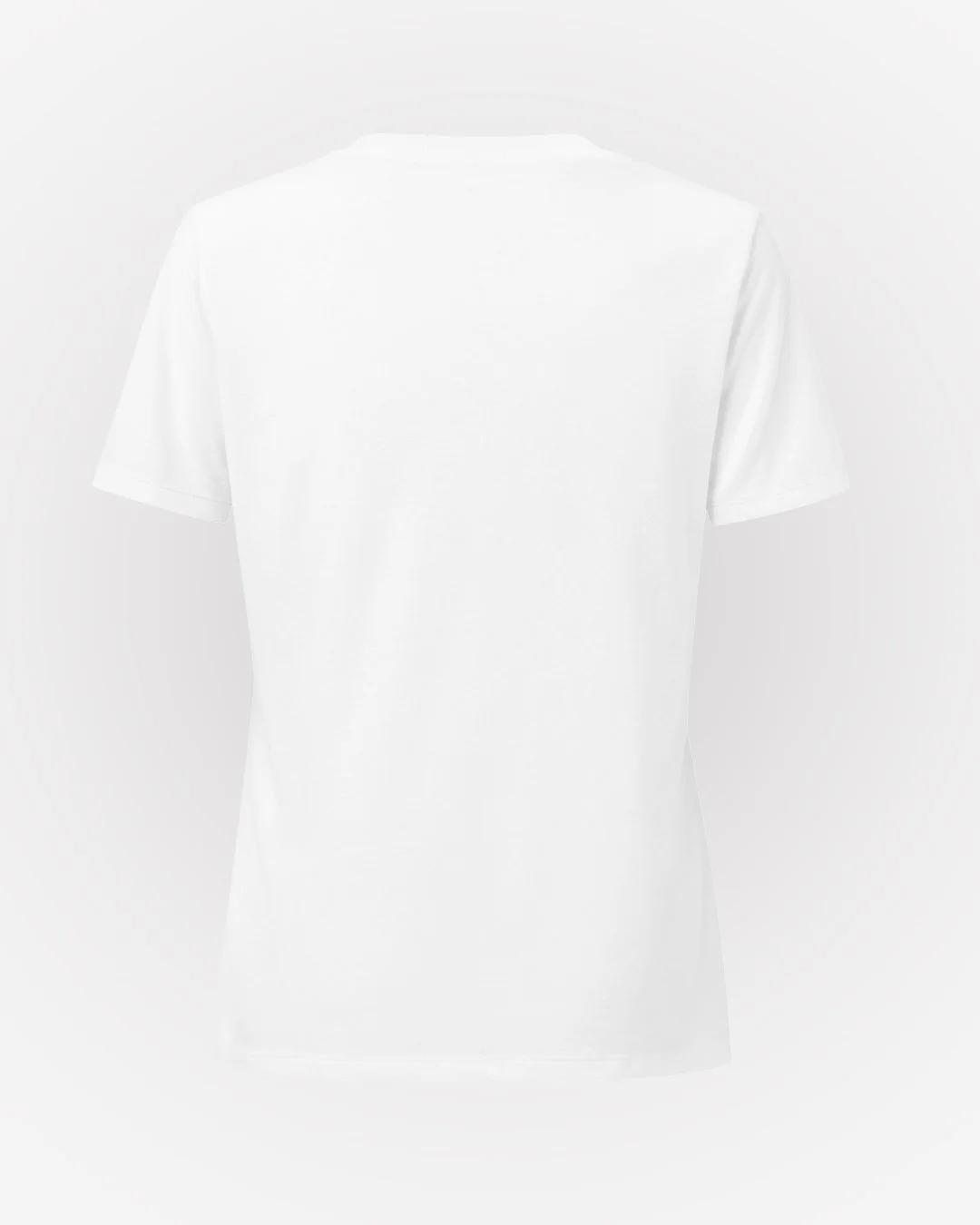 Bloom Bop back women’s relaxed V-neck t-shirt featuring a family of pink tulips in still life motion, personified floral artwork on white fabric