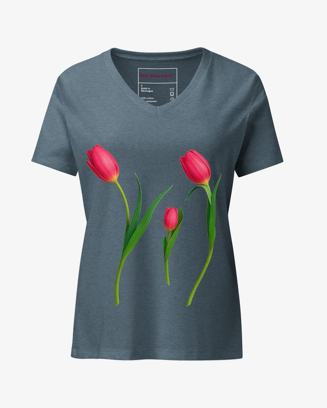 Bloom Bop women’s relaxed V-neck t-shirt featuring a family of pink tulips in still life motion, personified floral artwork on heather slate fabric.