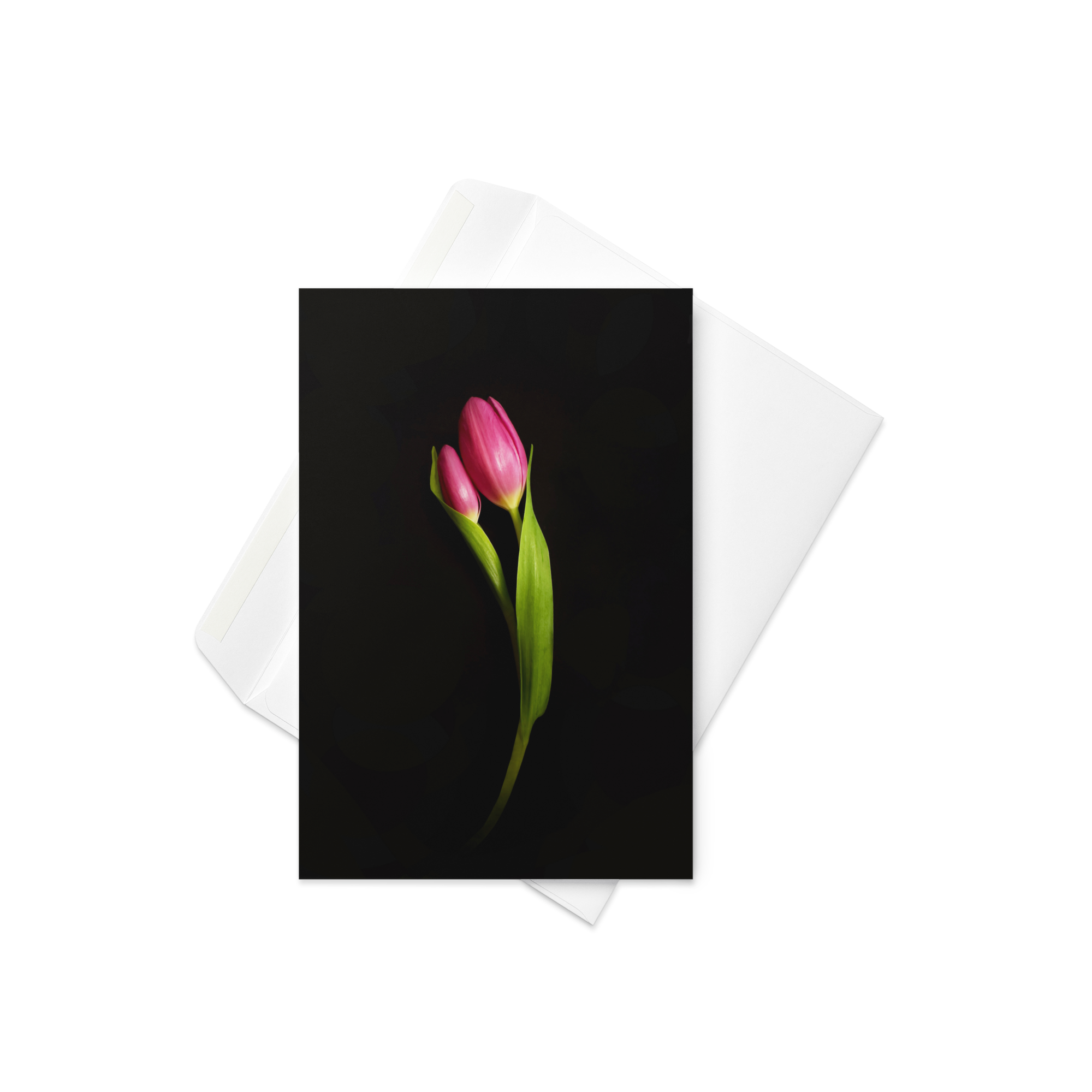 Personified tulip still life greeting card expressing maternal care and tenderness