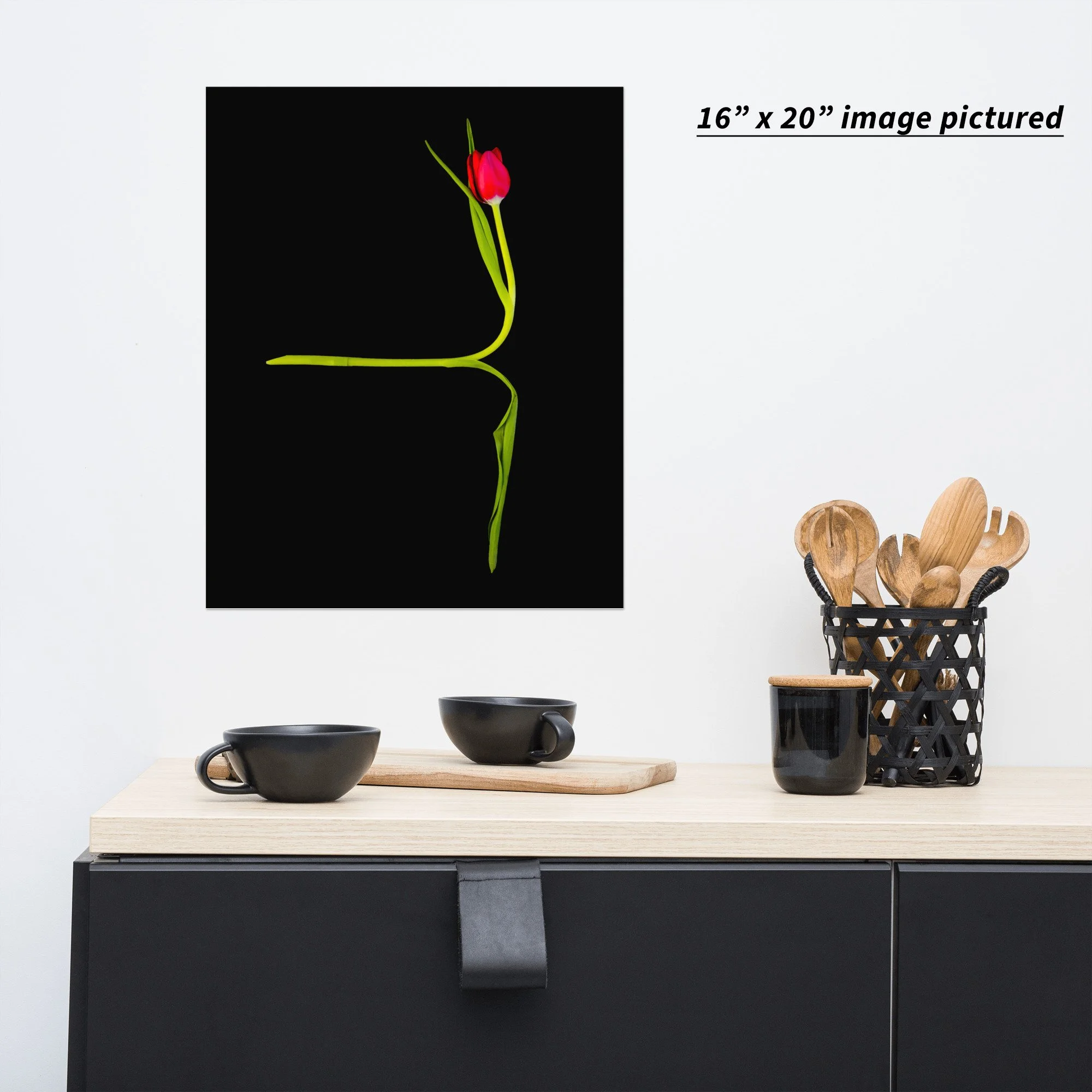 Arabesque floral still-life tulip art print displayed above modern kitchen table interior setting.